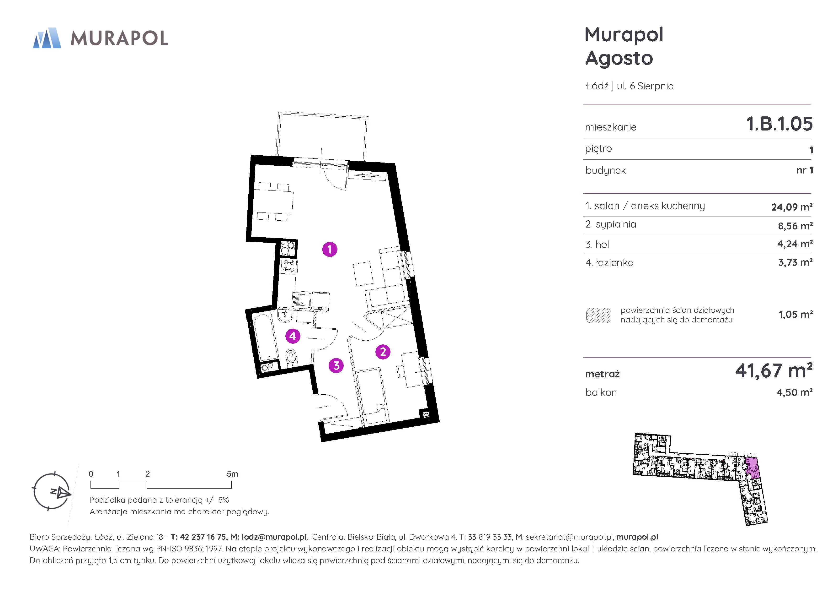 2 pokoje, mieszkanie 41,67 m², piętro 1, oferta nr 1.B.1.05, Murapol Agosto, Łódź, Polesie, Stare Polesie, ul. 6 Sierpnia