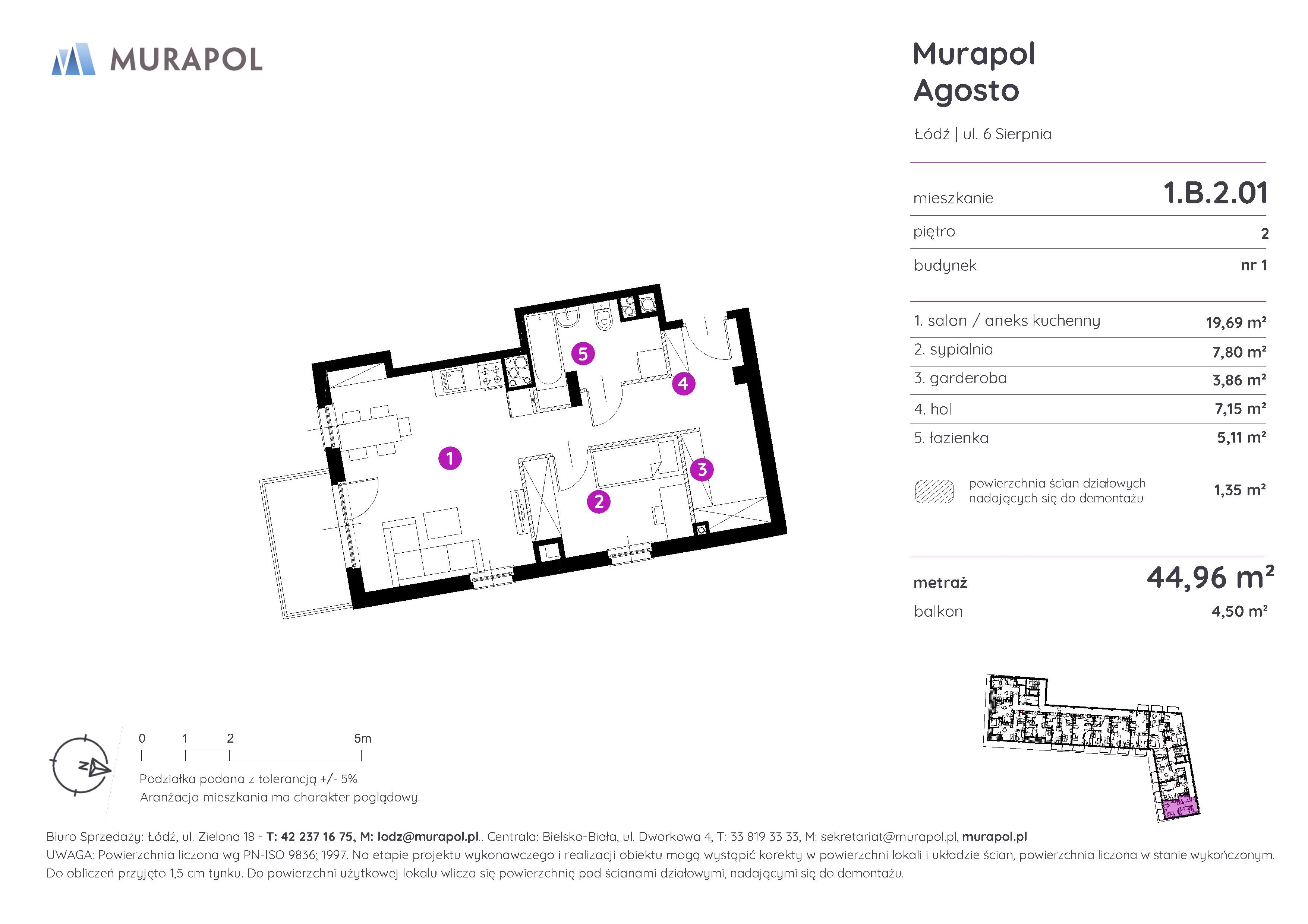 2 pokoje, mieszkanie 44,96 m², piętro 2, oferta nr 1.B.2.01, Murapol Agosto, Łódź, Polesie, Stare Polesie, ul. 6 Sierpnia