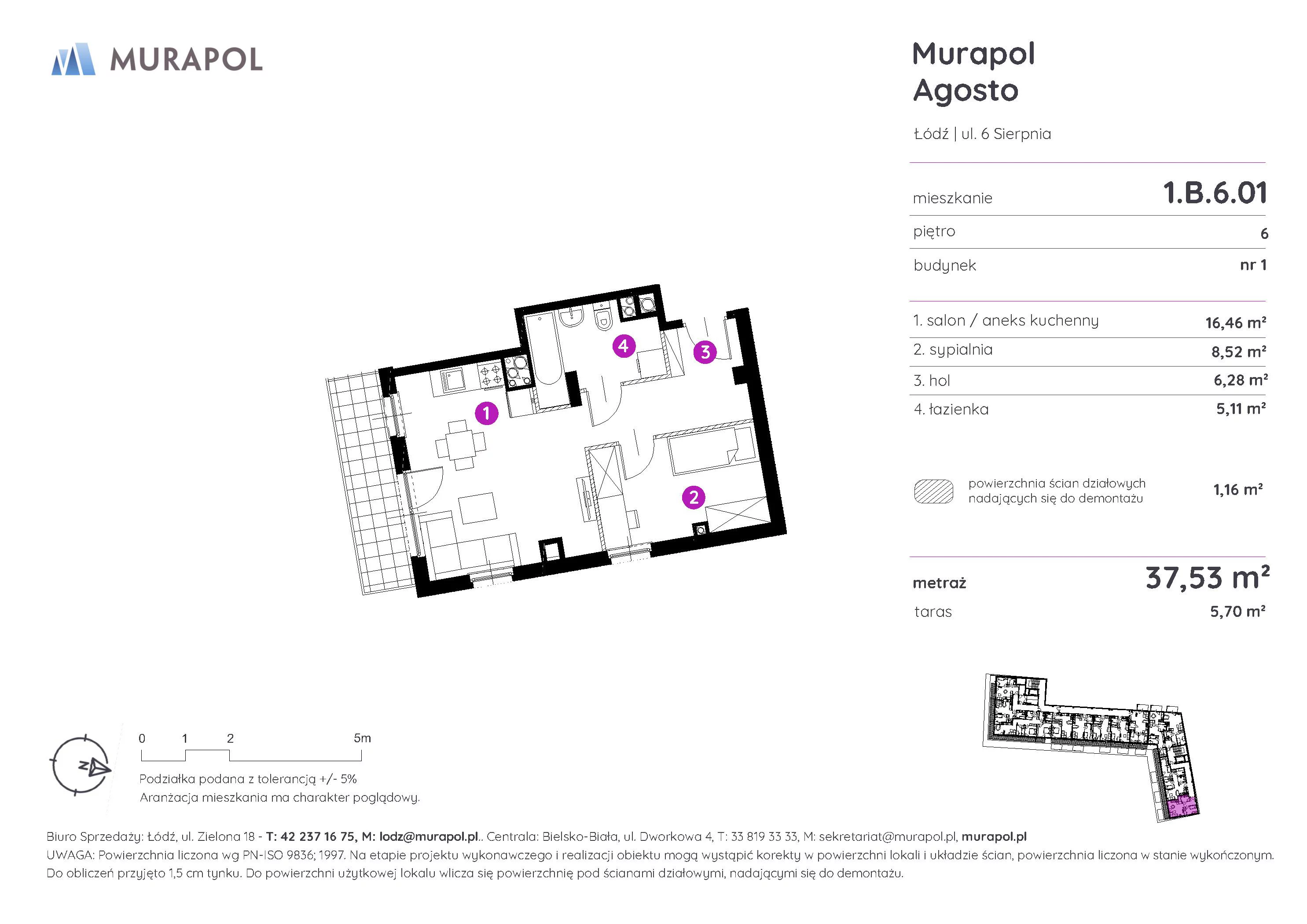 Mieszkanie 37,53 m², piętro 6, oferta nr 1.B.6.01, Murapol Agosto, Łódź, Polesie, Stare Polesie, ul. 6 Sierpnia