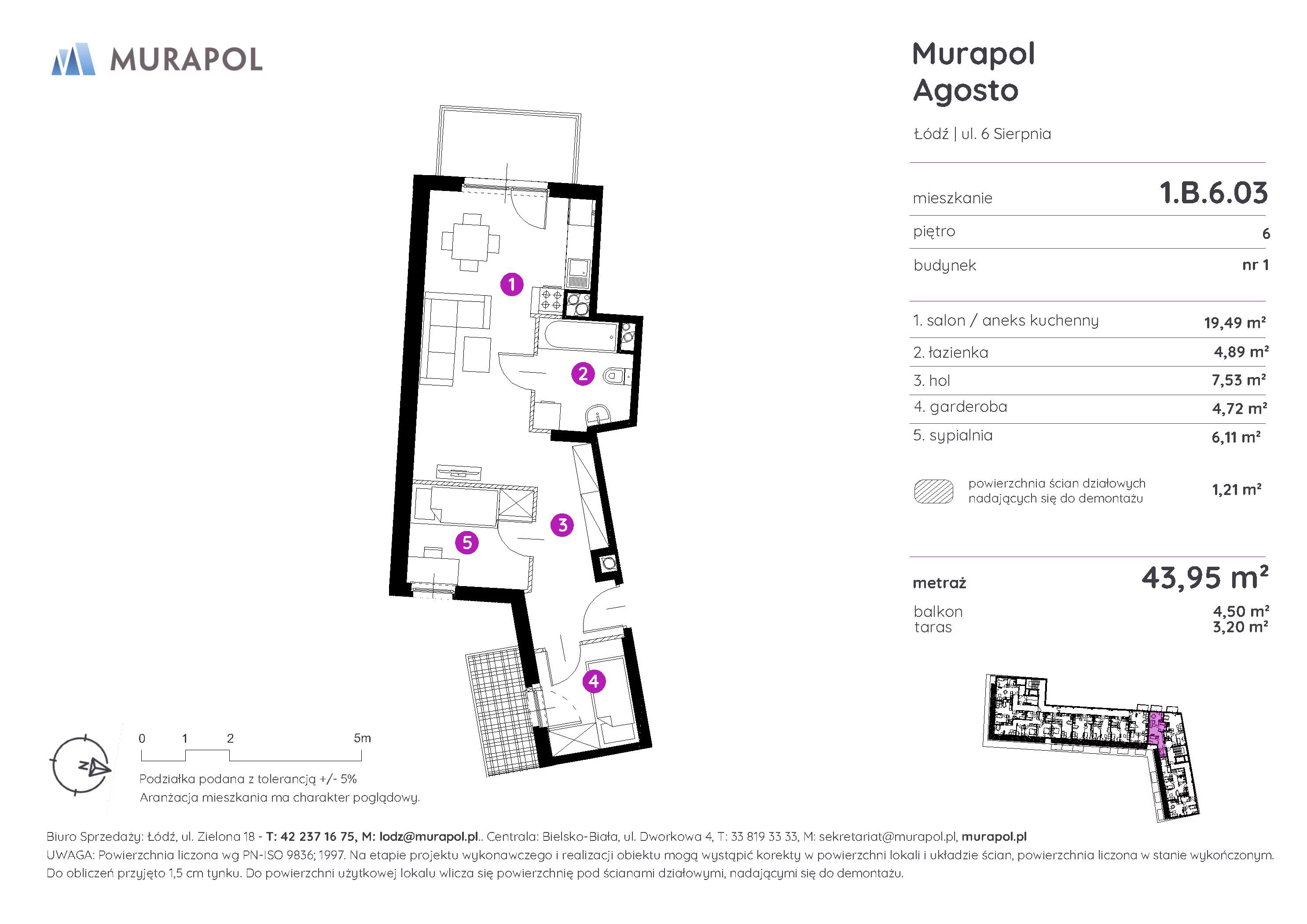 Mieszkanie 43,95 m², piętro 6, oferta nr 1.B.6.03, Murapol Agosto, Łódź, Polesie, Stare Polesie, ul. 6 Sierpnia