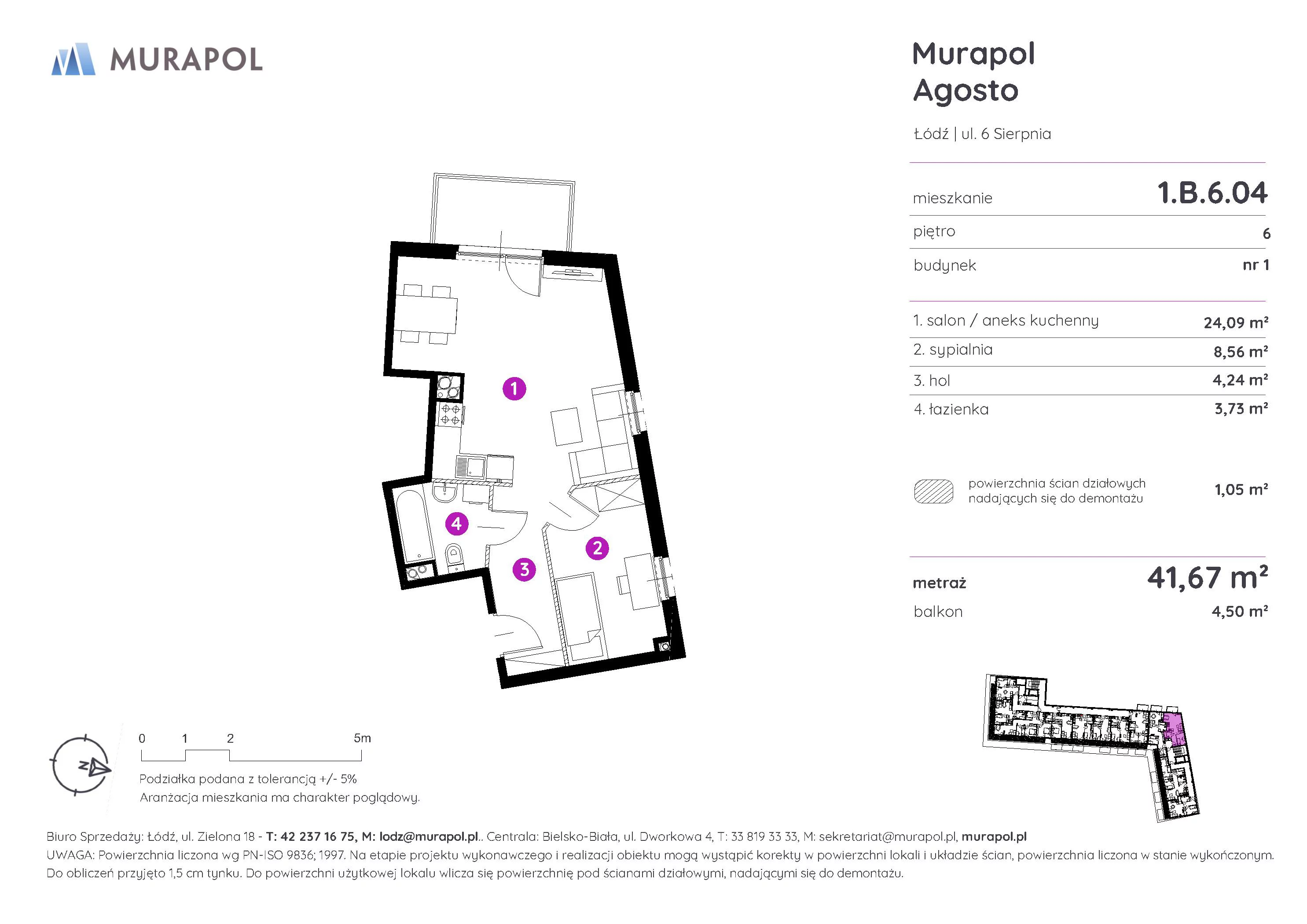 2 pokoje, mieszkanie 41,67 m², piętro 6, oferta nr 1.B.6.04, Murapol Agosto, Łódź, Polesie, Stare Polesie, ul. 6 Sierpnia