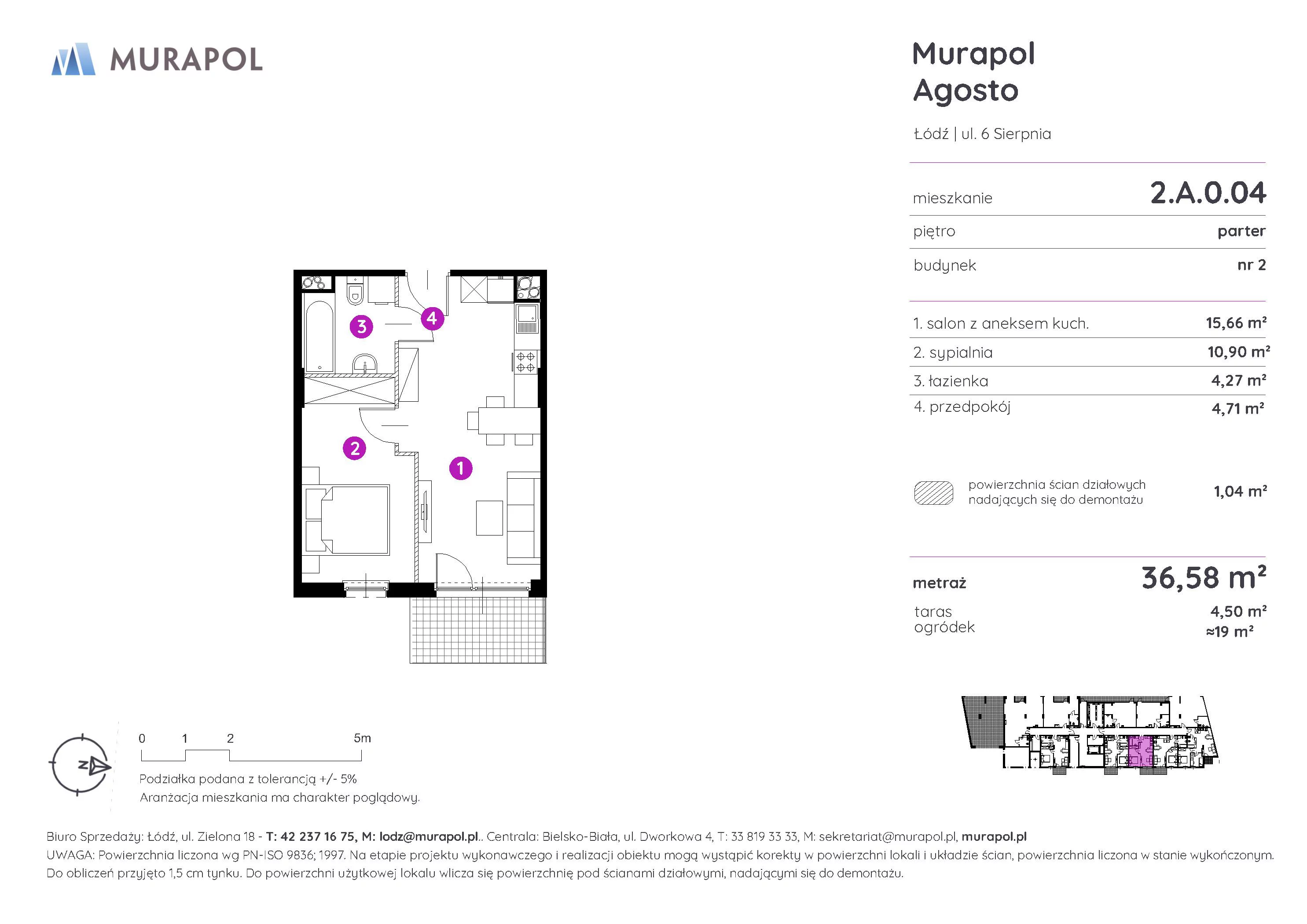 2 pokoje, mieszkanie 36,58 m², parter, oferta nr 2.A.0.04, Murapol Agosto, Łódź, Polesie, Stare Polesie, ul. 6 Sierpnia