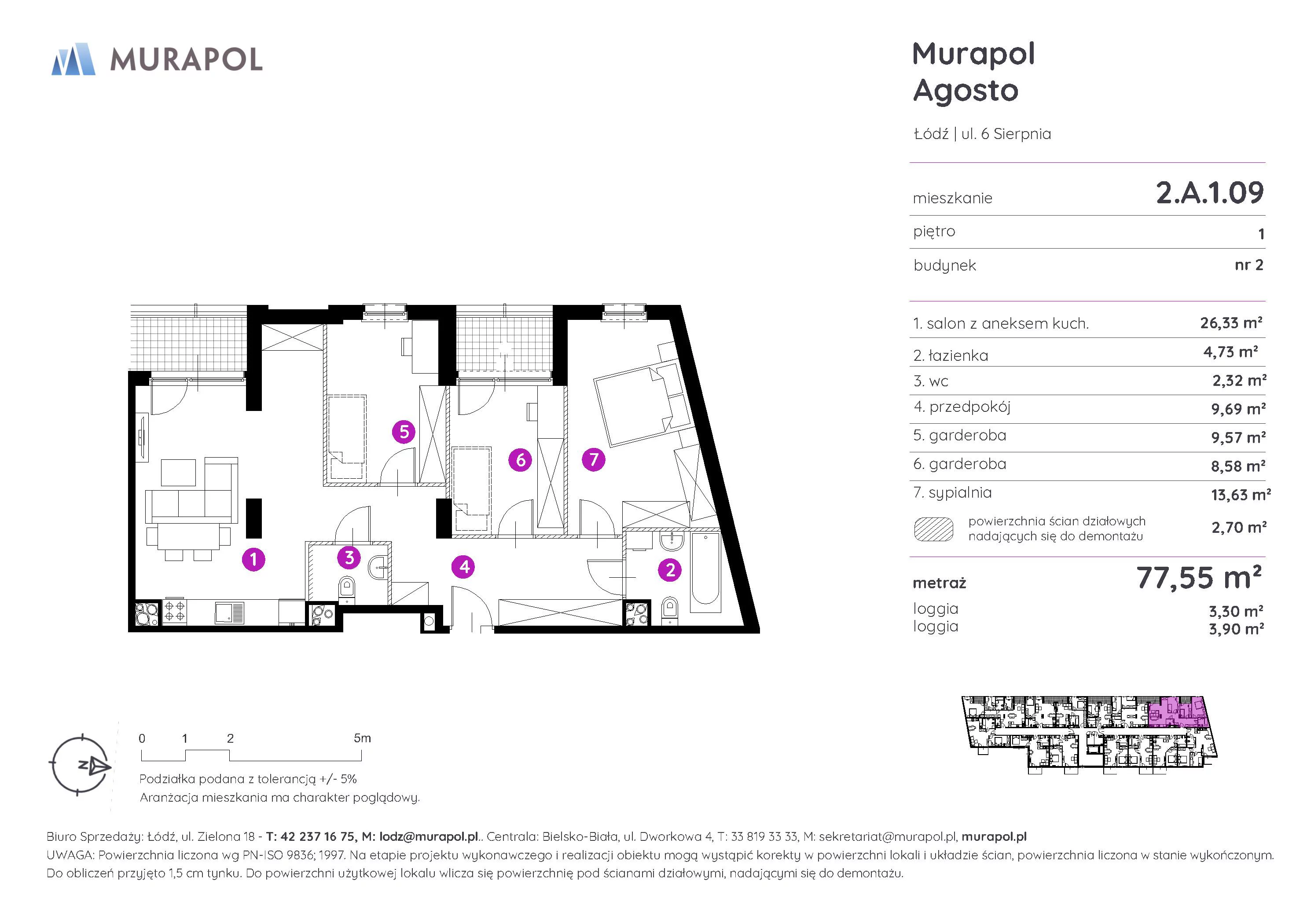 2 pokoje, mieszkanie 77,55 m², piętro 1, oferta nr 2.A.1.09, Murapol Agosto, Łódź, Polesie, Stare Polesie, ul. 6 Sierpnia