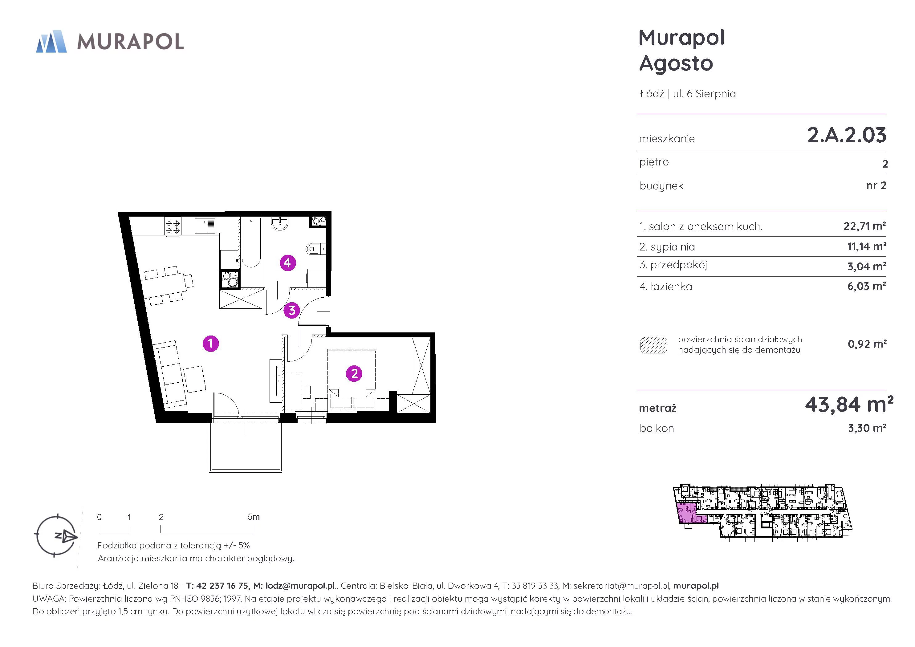 2 pokoje, mieszkanie 43,84 m², piętro 2, oferta nr 2.A.2.03, Murapol Agosto, Łódź, Polesie, Stare Polesie, ul. 6 Sierpnia