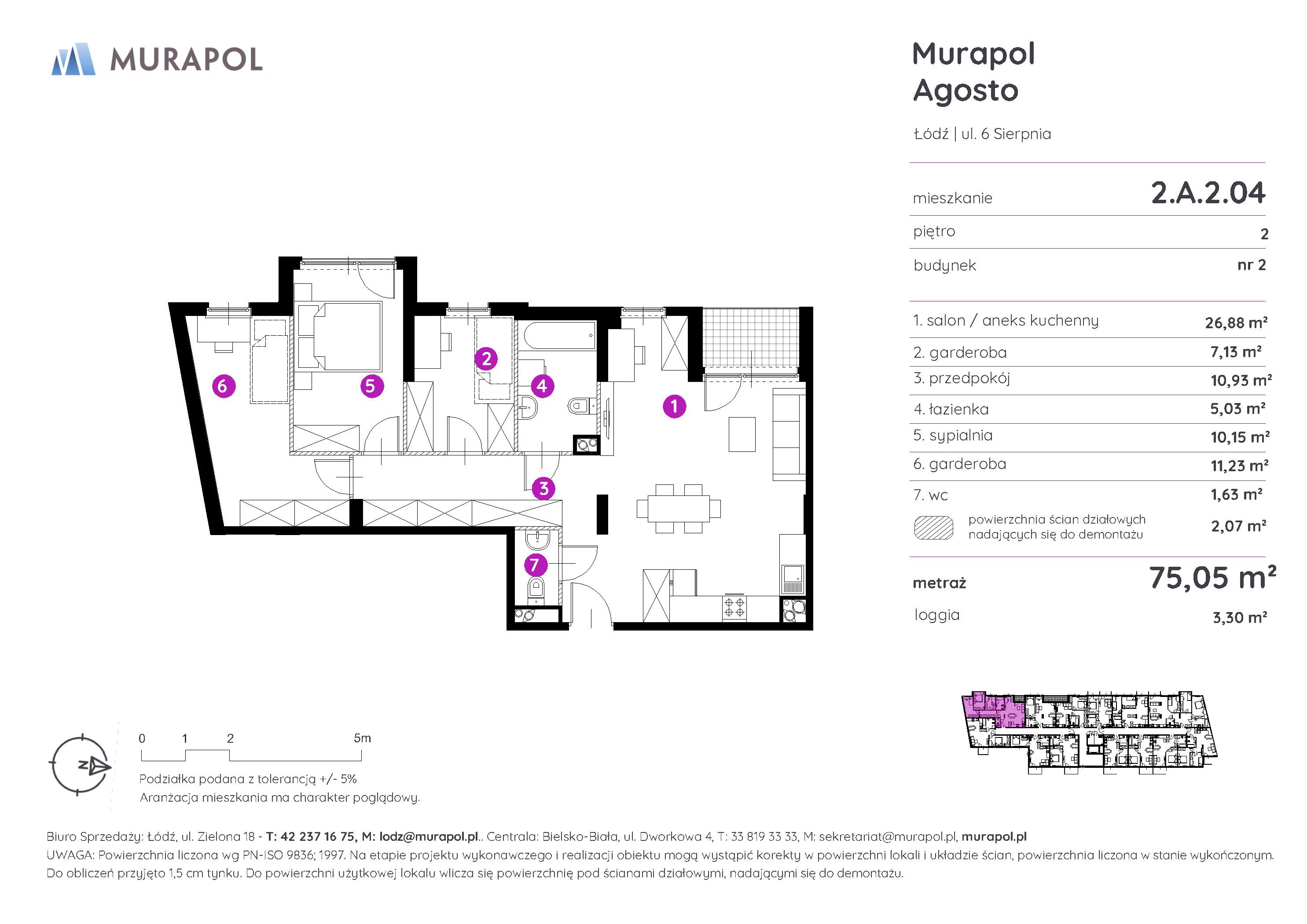 2 pokoje, mieszkanie 75,05 m², piętro 2, oferta nr 2.A.2.04, Murapol Agosto, Łódź, Polesie, Stare Polesie, ul. 6 Sierpnia