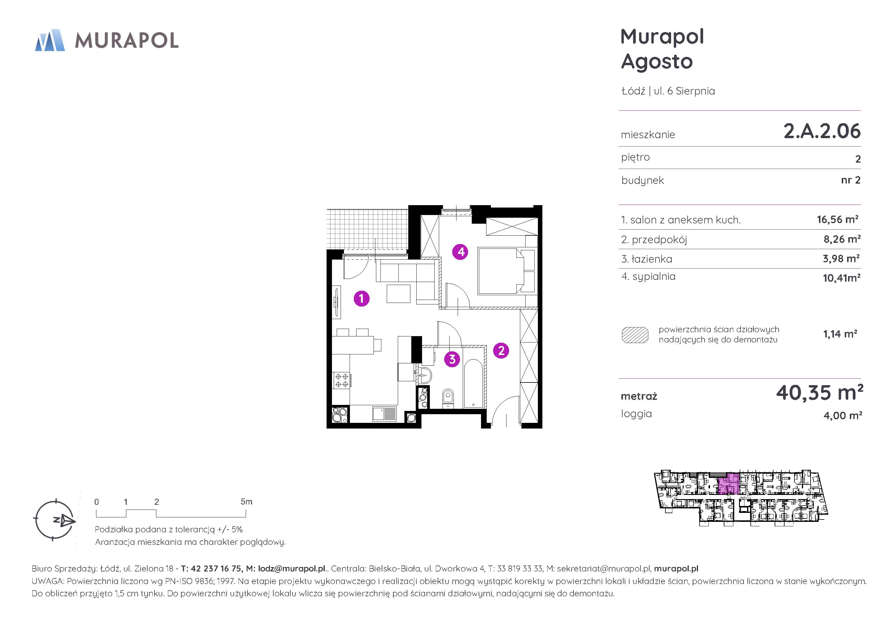 2 pokoje, mieszkanie 40,35 m², piętro 2, oferta nr 2.A.2.06, Murapol Agosto, Łódź, Polesie, Stare Polesie, ul. 6 Sierpnia