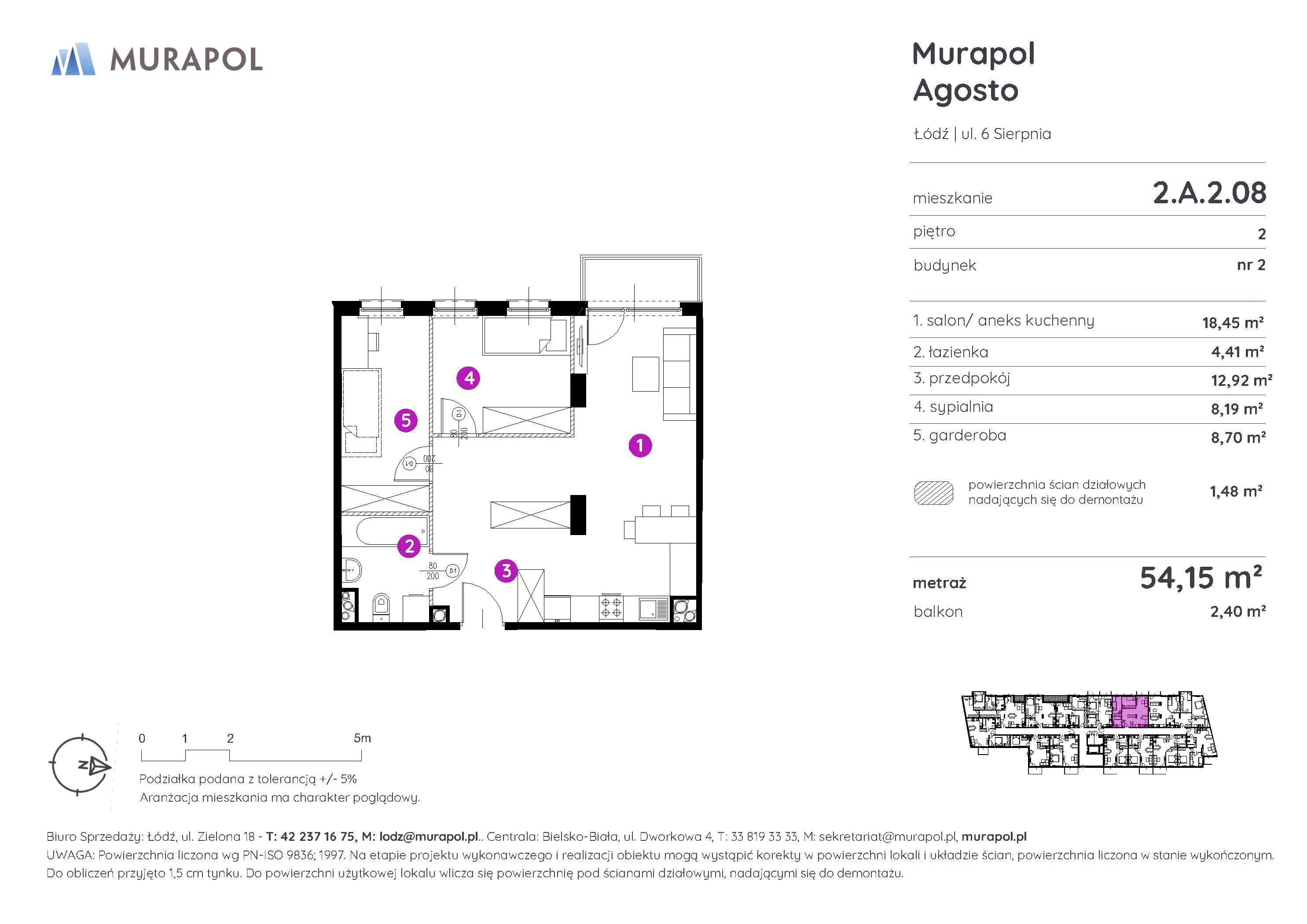 Mieszkanie 54,15 m², piętro 2, oferta nr 2.A.2.08, Murapol Agosto, Łódź, Polesie, Stare Polesie, ul. 6 Sierpnia