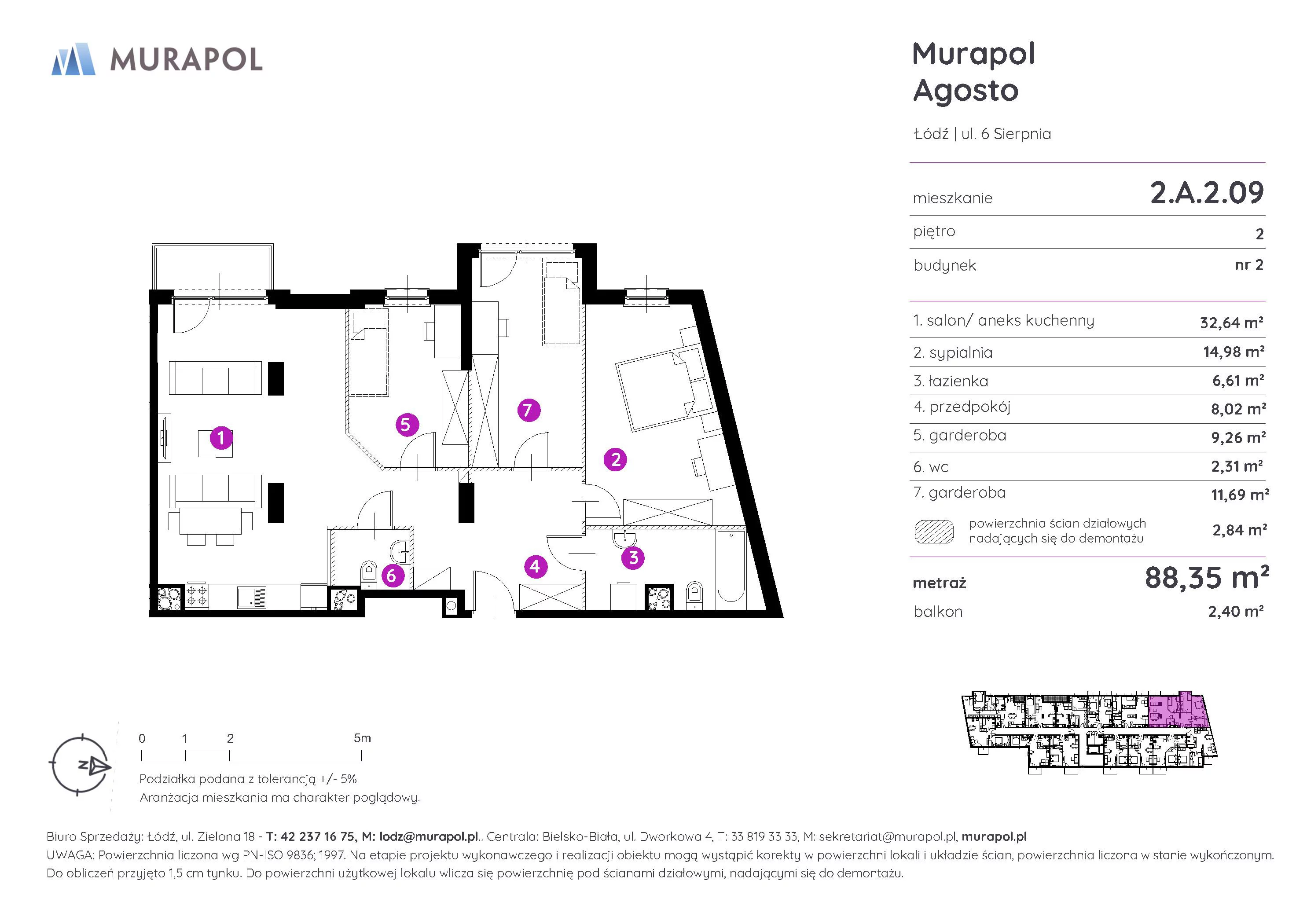 2 pokoje, mieszkanie 88,35 m², piętro 2, oferta nr 2.A.2.09, Murapol Agosto, Łódź, Polesie, Stare Polesie, ul. 6 Sierpnia