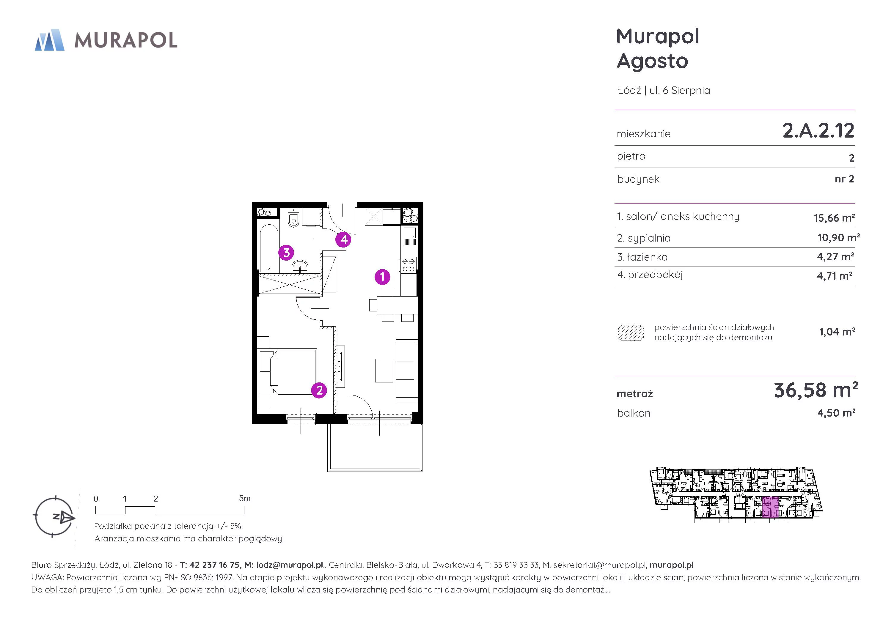 2 pokoje, mieszkanie 36,58 m², piętro 2, oferta nr 2.A.2.12, Murapol Agosto, Łódź, Polesie, Stare Polesie, ul. 6 Sierpnia