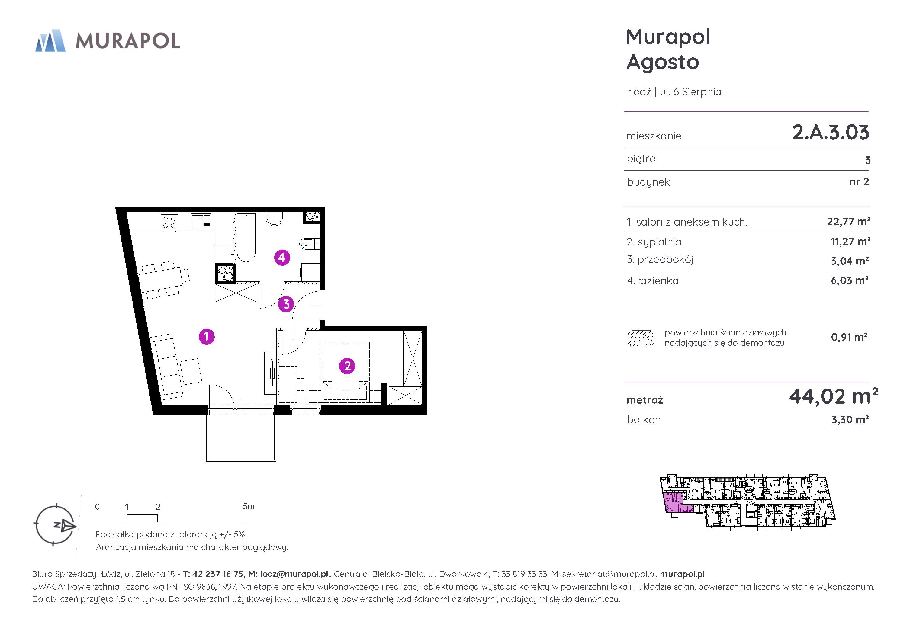 Mieszkanie 44,02 m², piętro 3, oferta nr 2.A.3.03, Murapol Agosto, Łódź, Polesie, Stare Polesie, ul. 6 Sierpnia