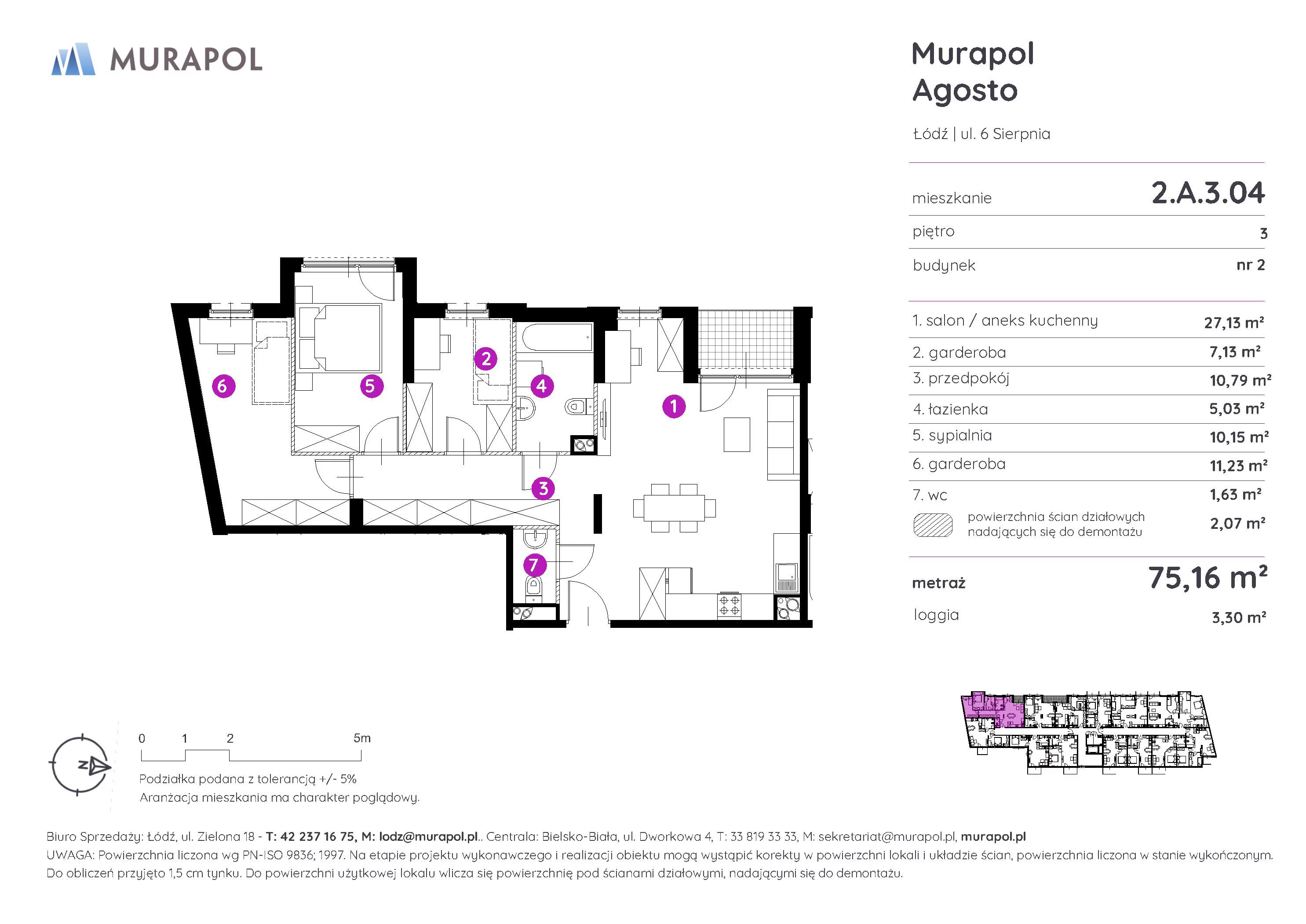 Mieszkanie 75,16 m², piętro 3, oferta nr 2.A.3.04, Murapol Agosto, Łódź, Polesie, Stare Polesie, ul. 6 Sierpnia