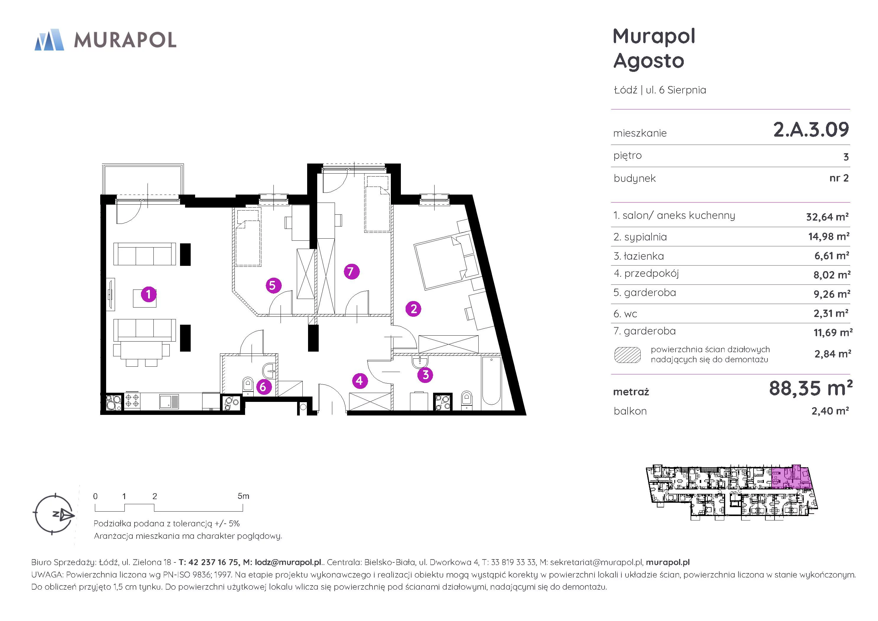 Mieszkanie 88,35 m², piętro 3, oferta nr 2.A.3.09, Murapol Agosto, Łódź, Polesie, Stare Polesie, ul. 6 Sierpnia