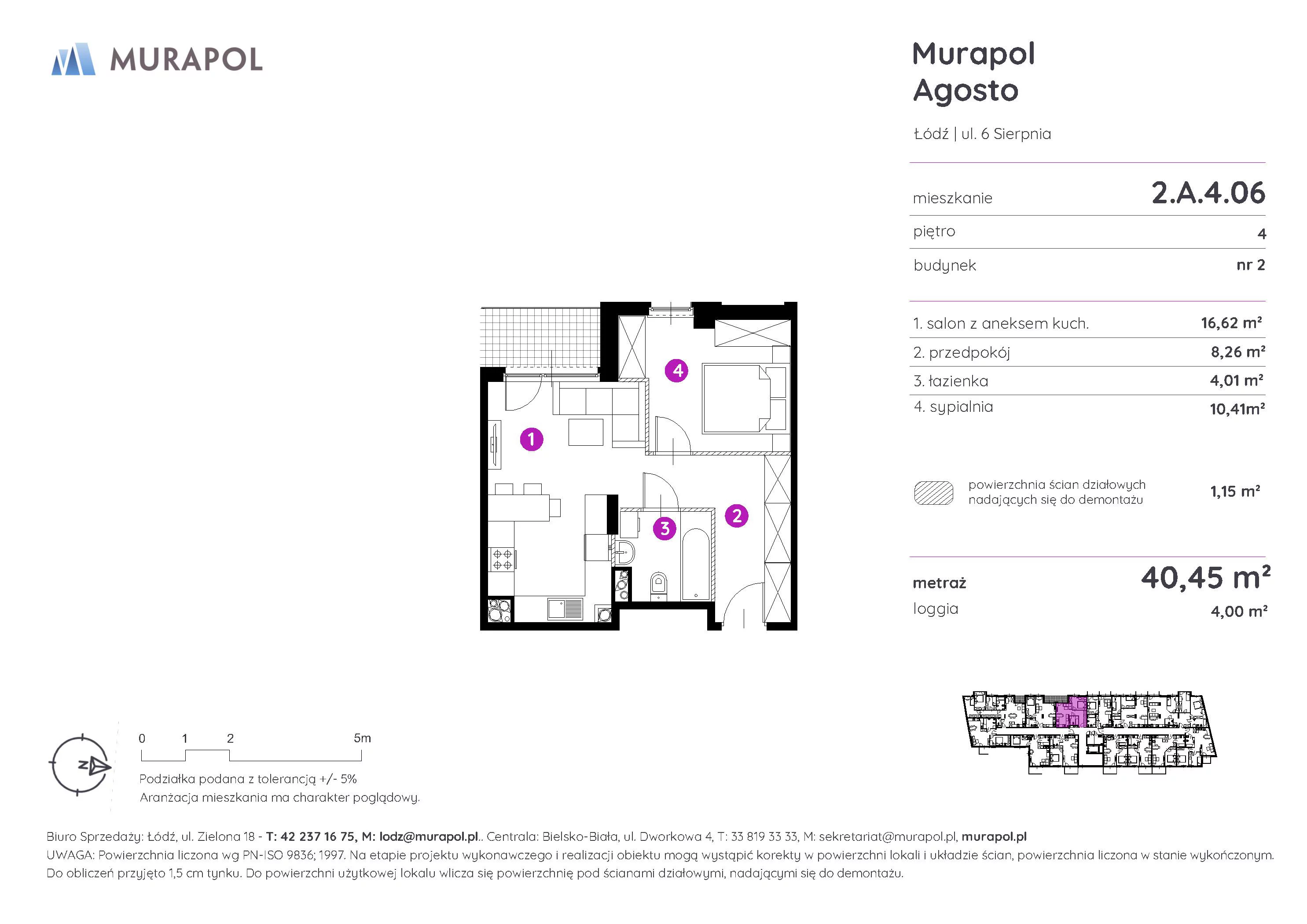 Mieszkanie 40,45 m², piętro 4, oferta nr 2.A.4.06, Murapol Agosto, Łódź, Polesie, Stare Polesie, ul. 6 Sierpnia