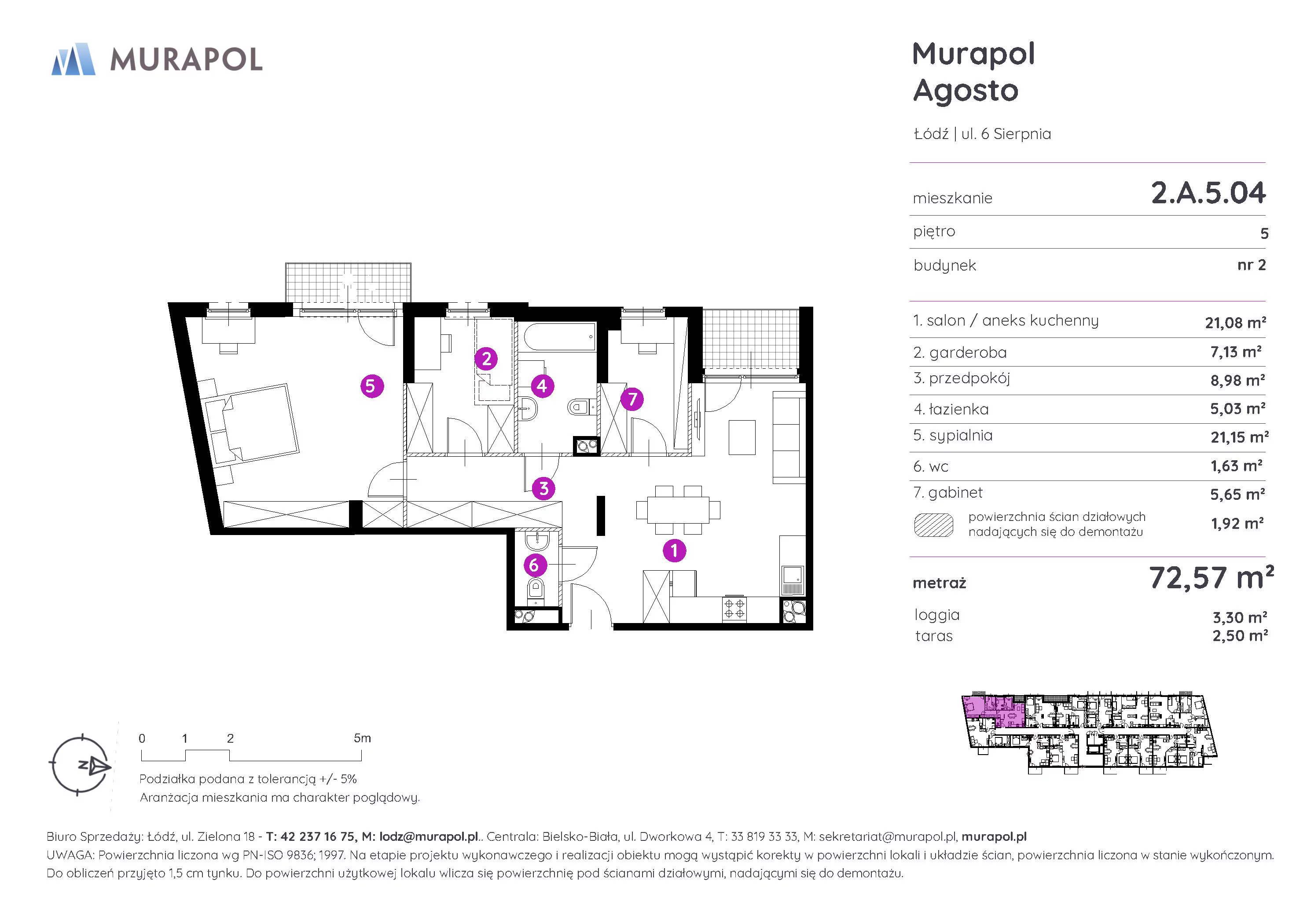 2 pokoje, mieszkanie 72,57 m², piętro 5, oferta nr 2.A.5.04, Murapol Agosto, Łódź, Polesie, Stare Polesie, ul. 6 Sierpnia