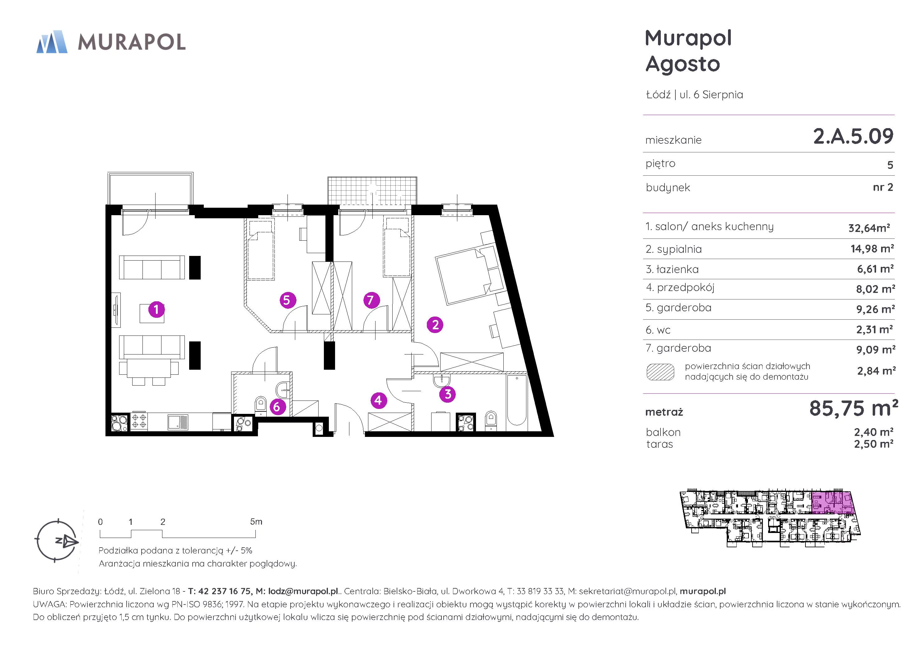 Mieszkanie 85,75 m², piętro 5, oferta nr 2.A.5.09, Murapol Agosto, Łódź, Polesie, Stare Polesie, ul. 6 Sierpnia