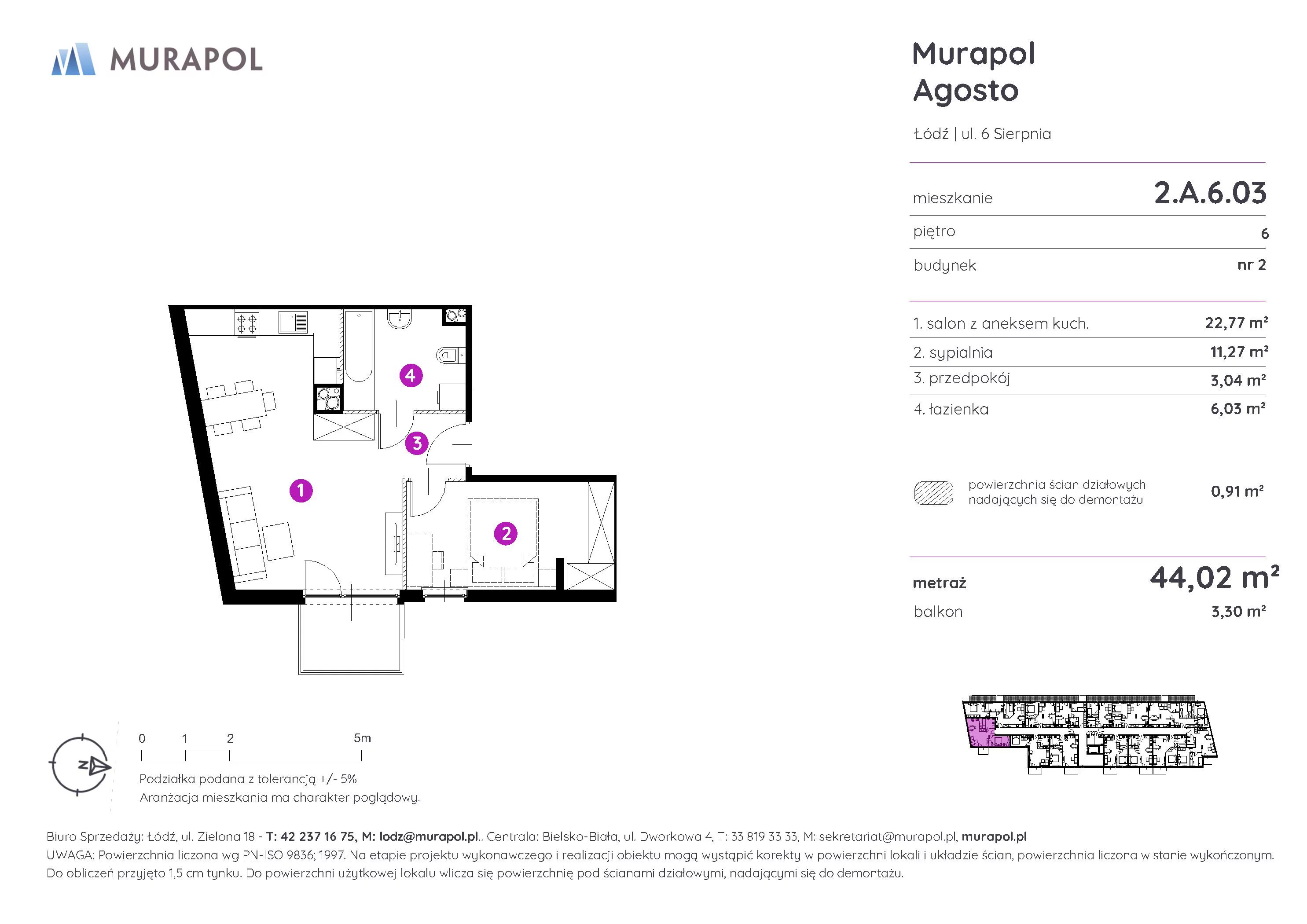 2 pokoje, mieszkanie 44,02 m², piętro 6, oferta nr 2.A.6.03, Murapol Agosto, Łódź, Polesie, Stare Polesie, ul. 6 Sierpnia