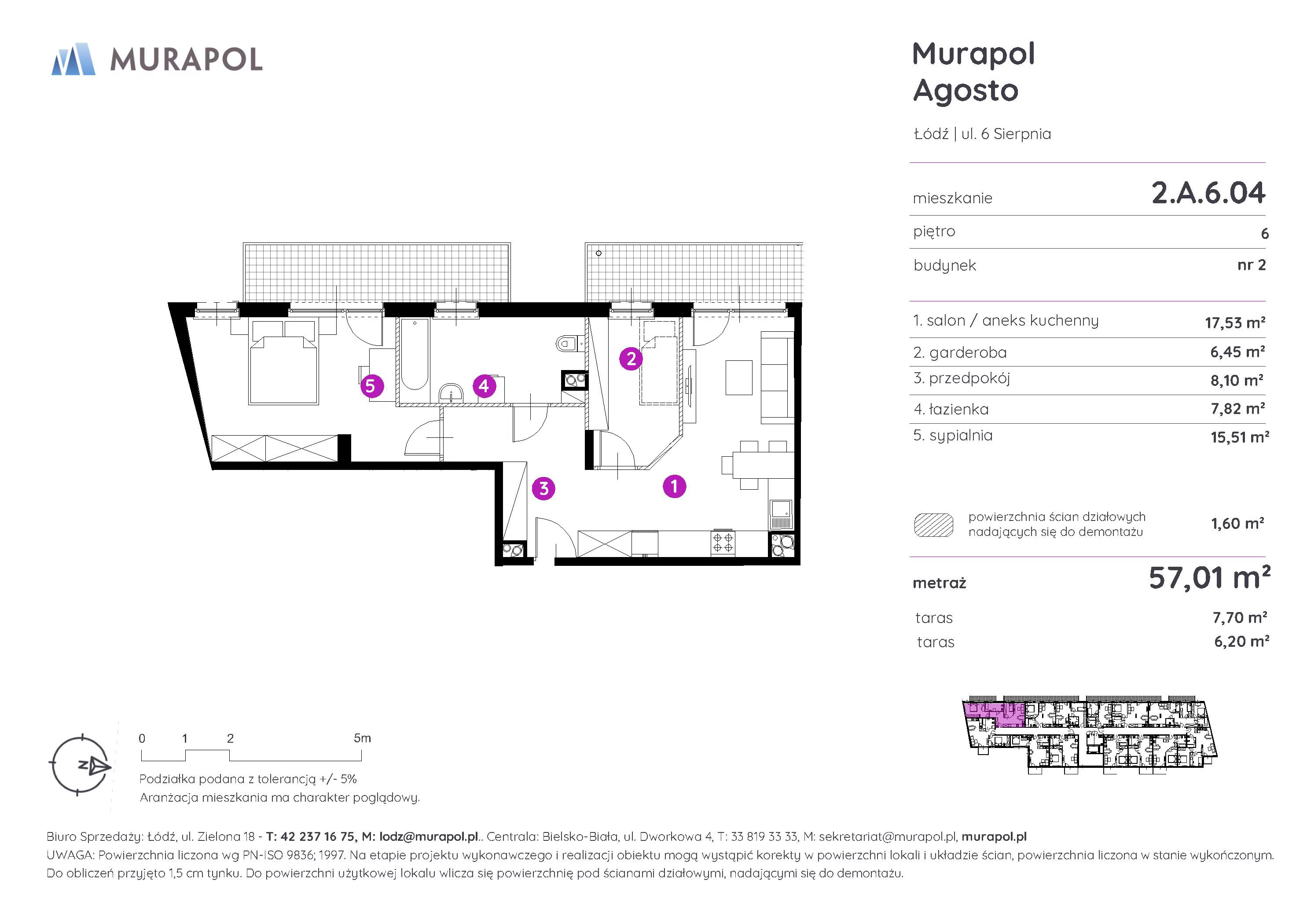 Mieszkanie 57,01 m², piętro 6, oferta nr 2.A.6.04, Murapol Agosto, Łódź, Polesie, Stare Polesie, ul. 6 Sierpnia