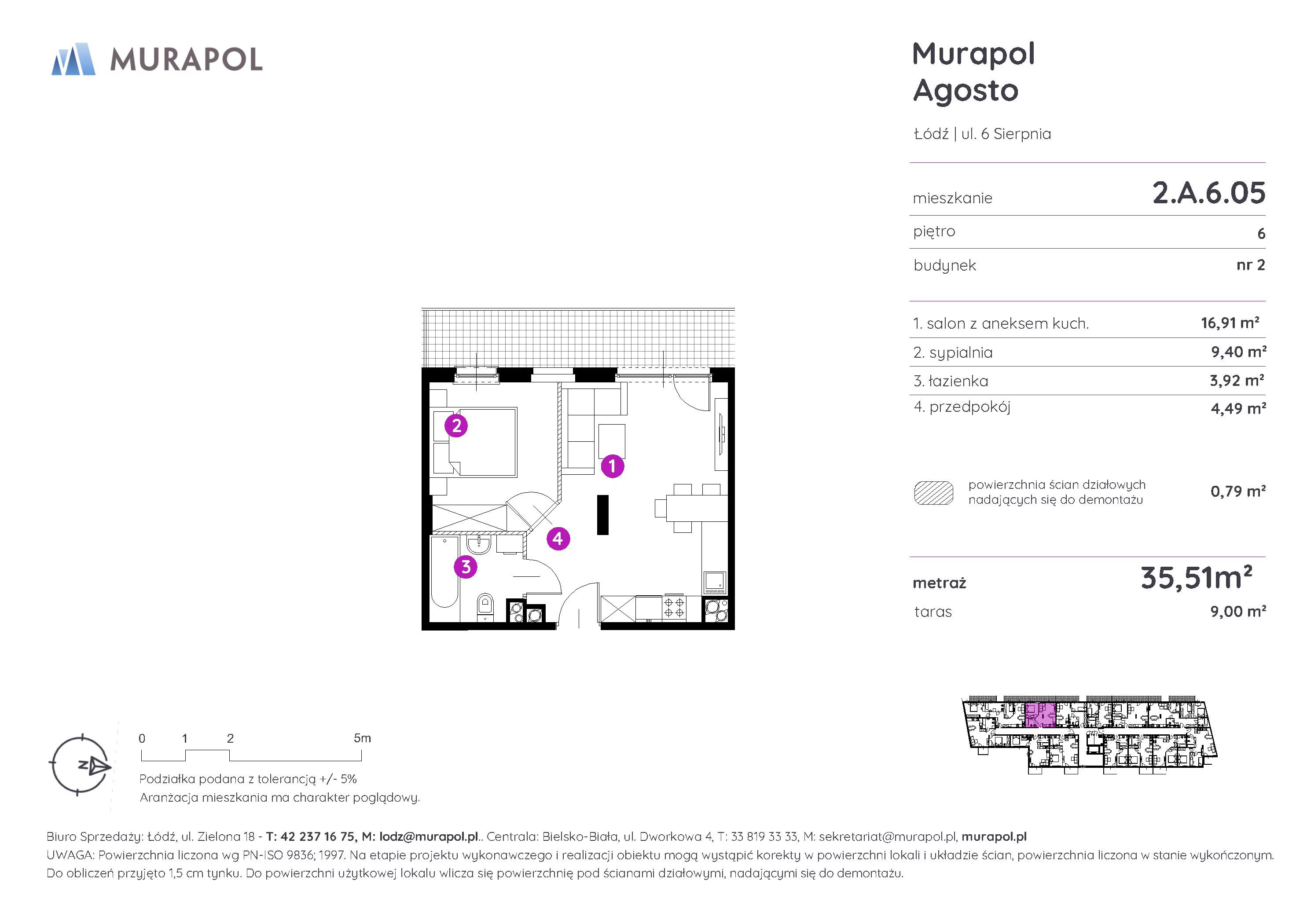 Mieszkanie 35,51 m², piętro 6, oferta nr 2.A.6.05, Murapol Agosto, Łódź, Polesie, Stare Polesie, ul. 6 Sierpnia