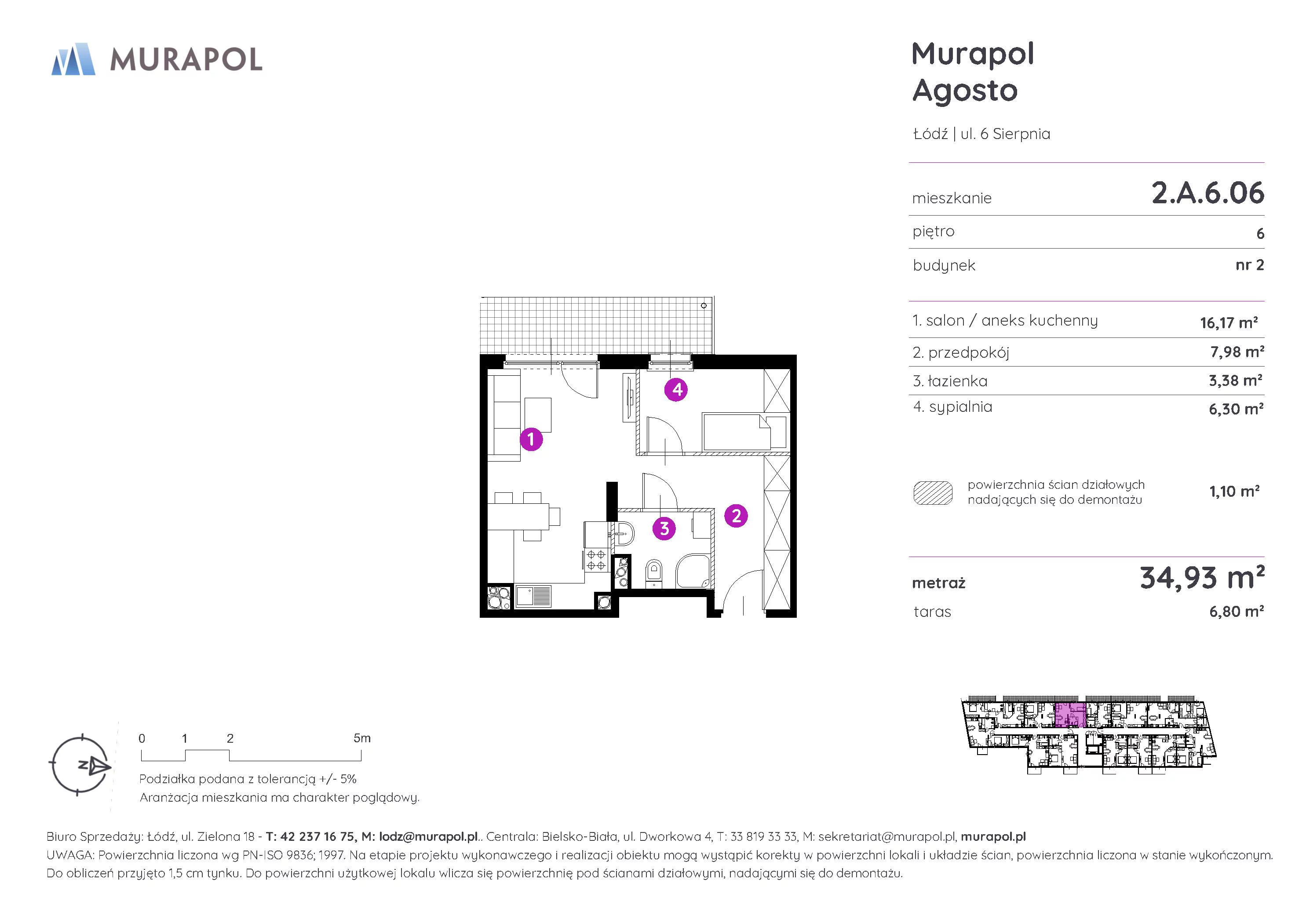 2 pokoje, mieszkanie 34,93 m², piętro 6, oferta nr 2.A.6.06, Murapol Agosto, Łódź, Polesie, Stare Polesie, ul. 6 Sierpnia