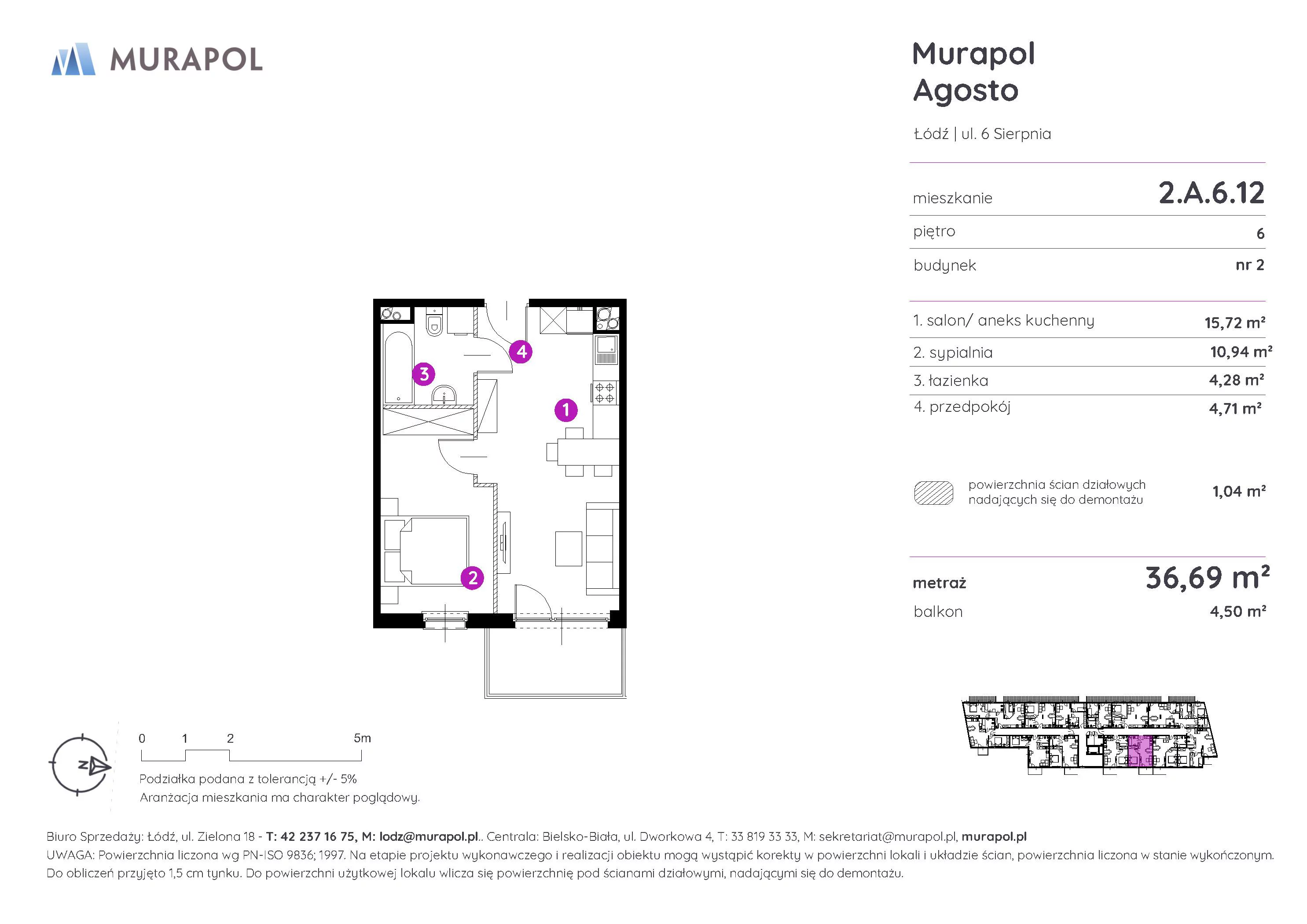 2 pokoje, mieszkanie 36,69 m², piętro 6, oferta nr 2.A.6.12, Murapol Agosto, Łódź, Polesie, Stare Polesie, ul. 6 Sierpnia