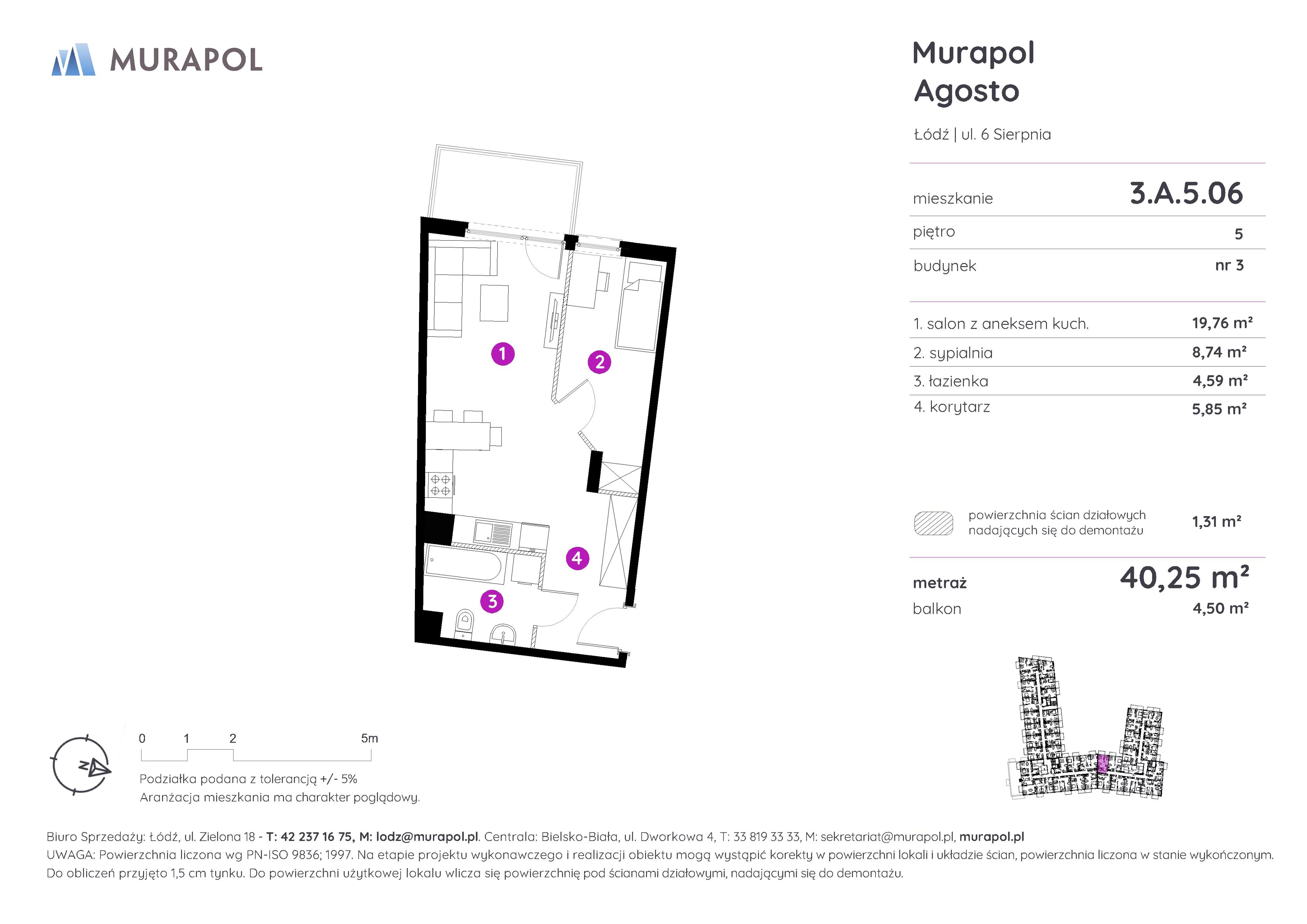 2 pokoje, mieszkanie 40,25 m², piętro 5, oferta nr 3.A.5.06, Murapol Agosto, Łódź, Polesie, Stare Polesie, ul. 6 Sierpnia