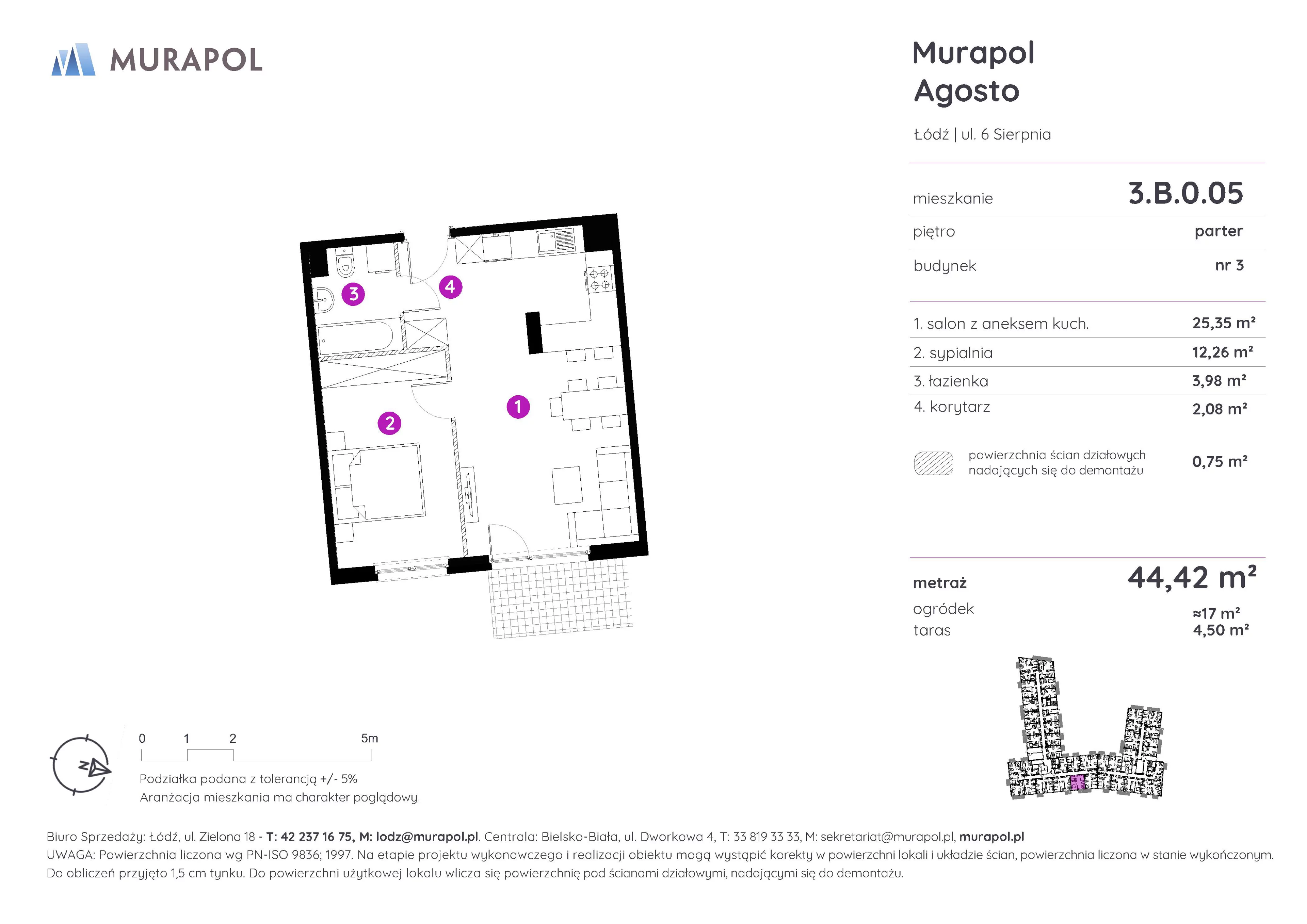 Mieszkanie 44,42 m², parter, oferta nr 3.B.0.05, Murapol Agosto, Łódź, Polesie, Stare Polesie, ul. 6 Sierpnia