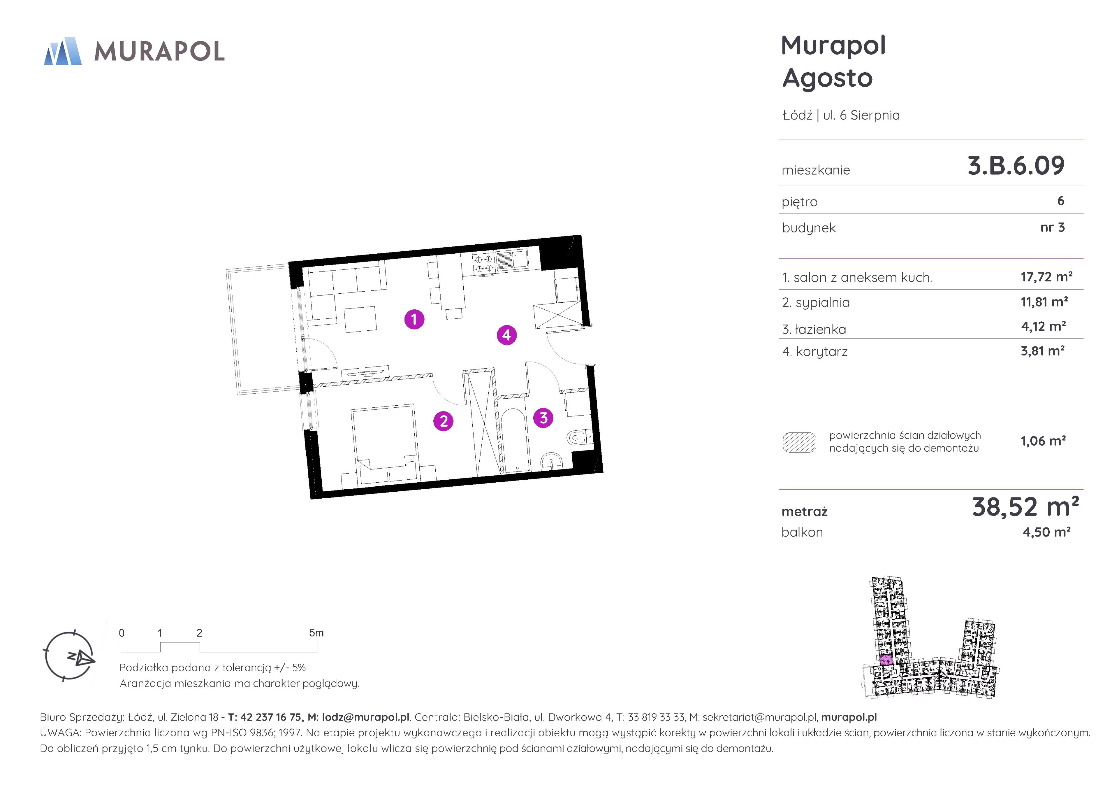 2 pokoje, mieszkanie 38,52 m², piętro 6, oferta nr 3.B.6.09, Murapol Agosto, Łódź, Polesie, Stare Polesie, ul. 6 Sierpnia