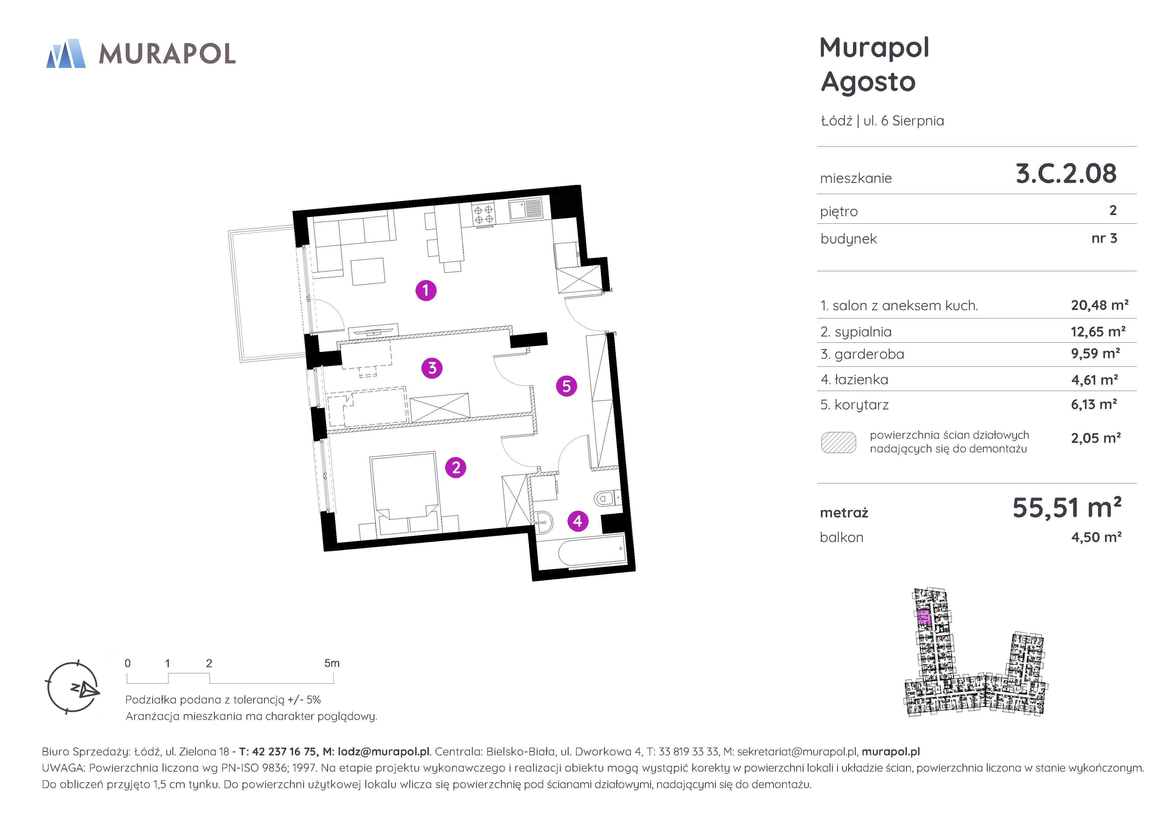 2 pokoje, mieszkanie 55,51 m², piętro 2, oferta nr 3.C.2.08, Murapol Agosto, Łódź, Polesie, Stare Polesie, ul. 6 Sierpnia