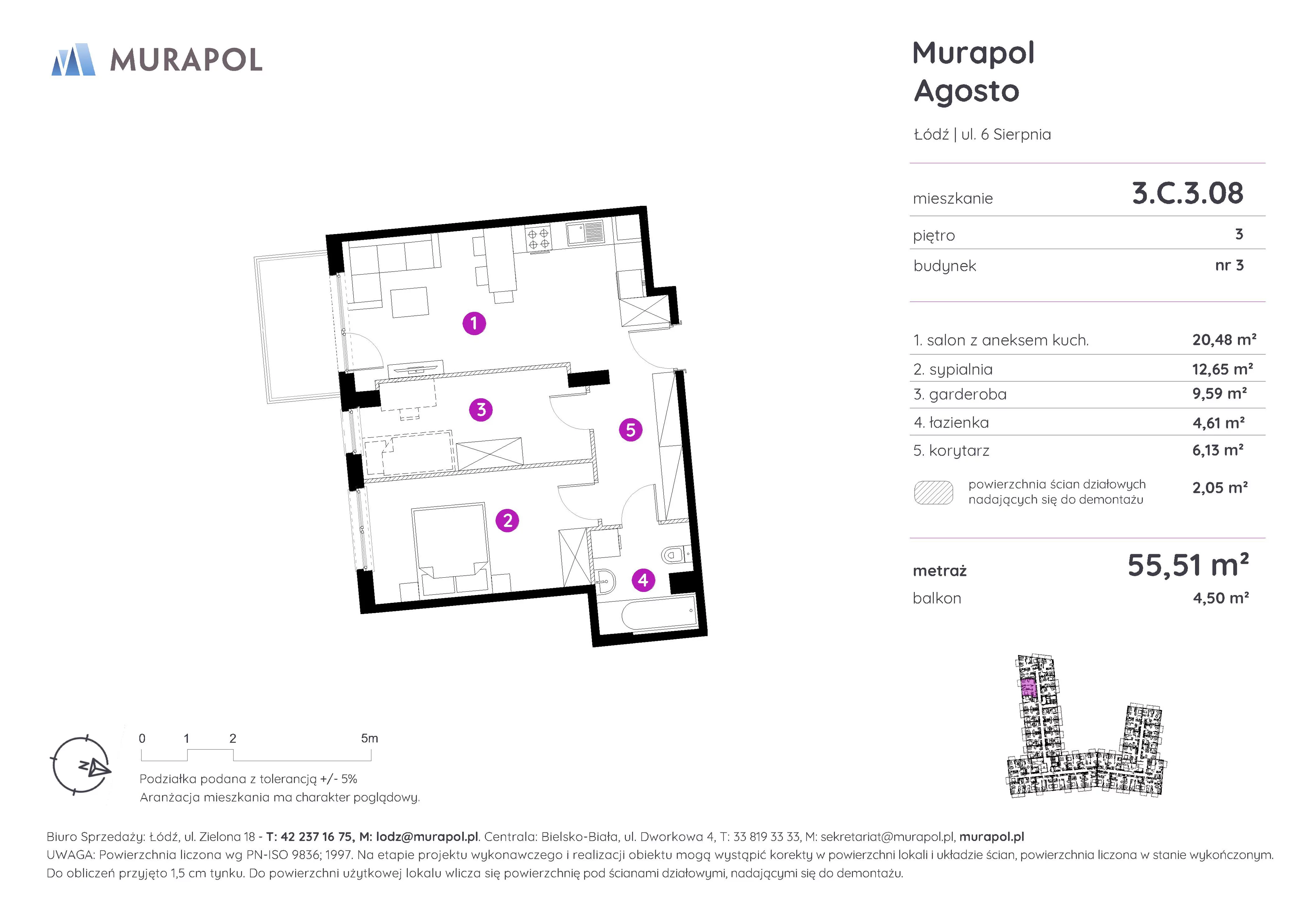 2 pokoje, mieszkanie 55,51 m², piętro 3, oferta nr 3.C.3.08, Murapol Agosto, Łódź, Polesie, Stare Polesie, ul. 6 Sierpnia