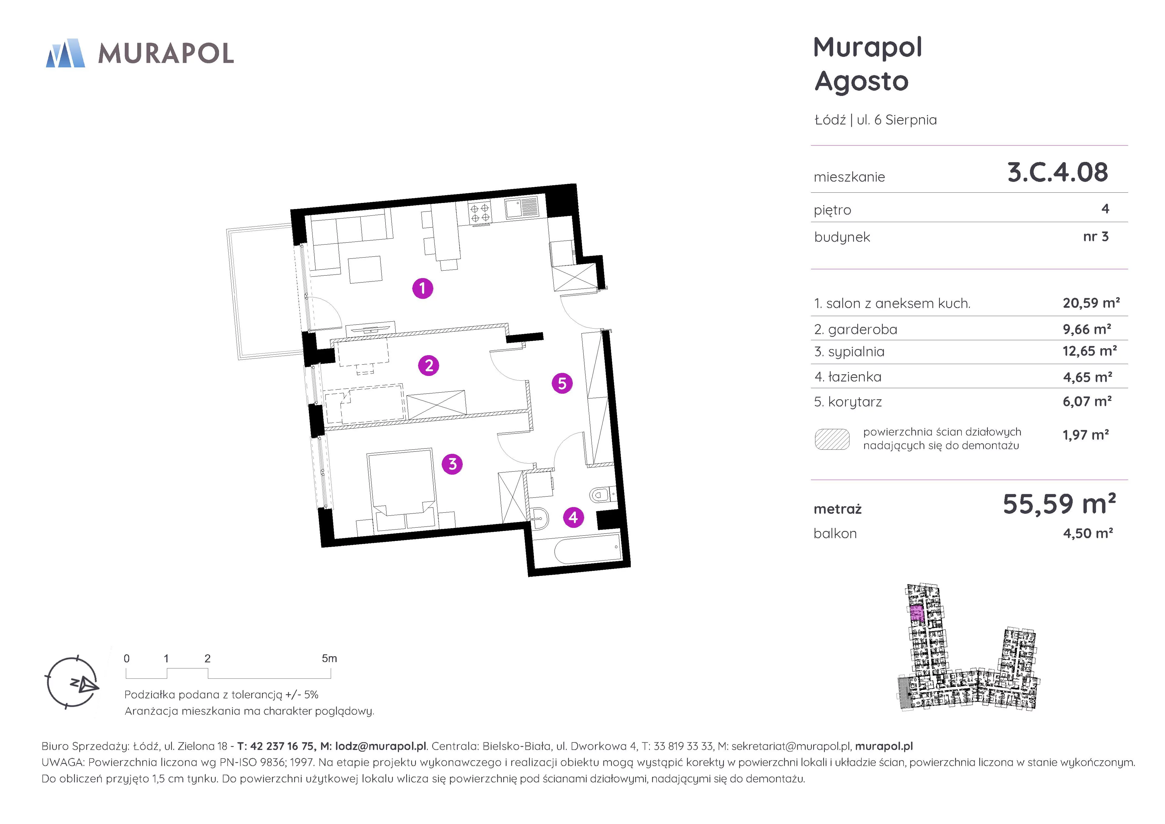 2 pokoje, mieszkanie 55,59 m², piętro 4, oferta nr 3.C.4.08, Murapol Agosto, Łódź, Polesie, Stare Polesie, ul. 6 Sierpnia