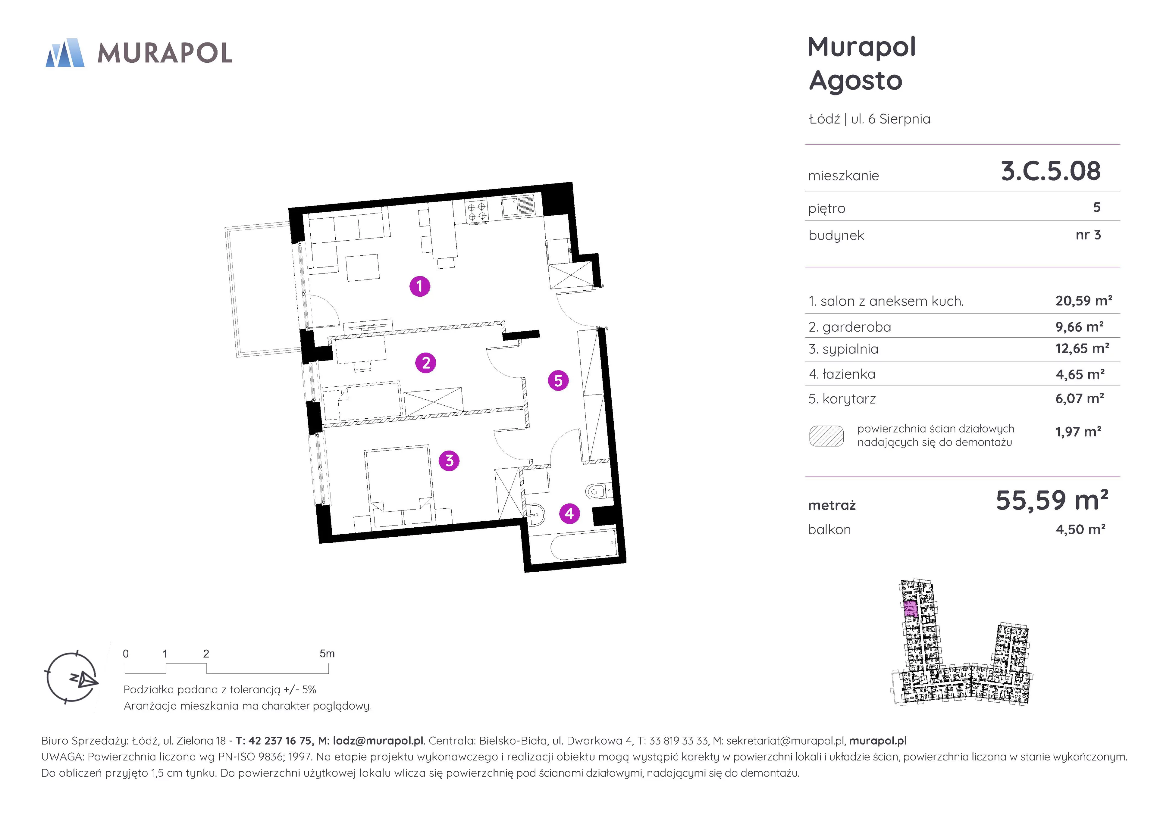 Mieszkanie 55,59 m², piętro 5, oferta nr 3.C.5.08, Murapol Agosto, Łódź, Polesie, Stare Polesie, ul. 6 Sierpnia