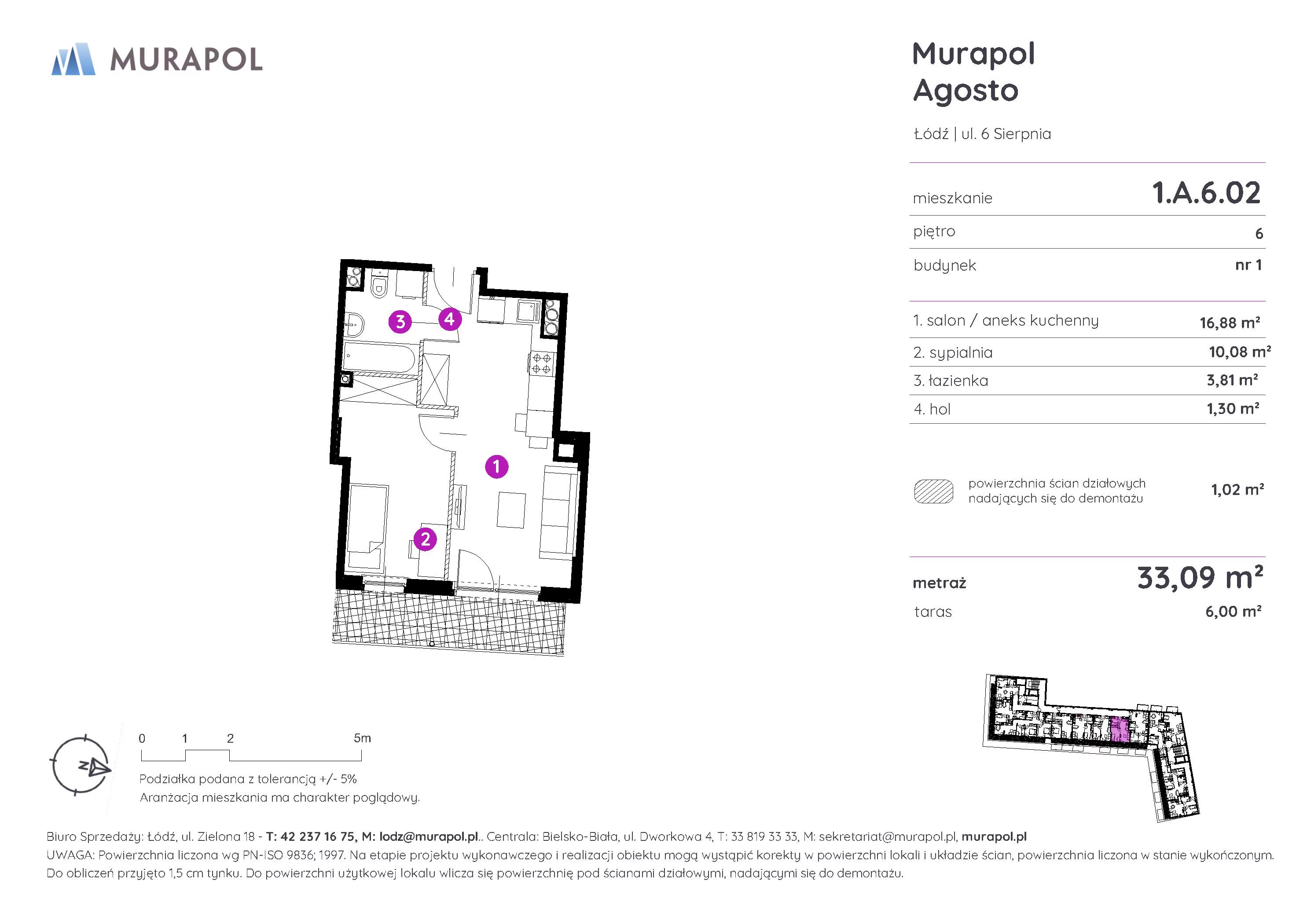2 pokoje, mieszkanie 33,09 m², piętro 6, oferta nr 1.A.6.02, Murapol Agosto, Łódź, Polesie, Stare Polesie, ul. 6 Sierpnia