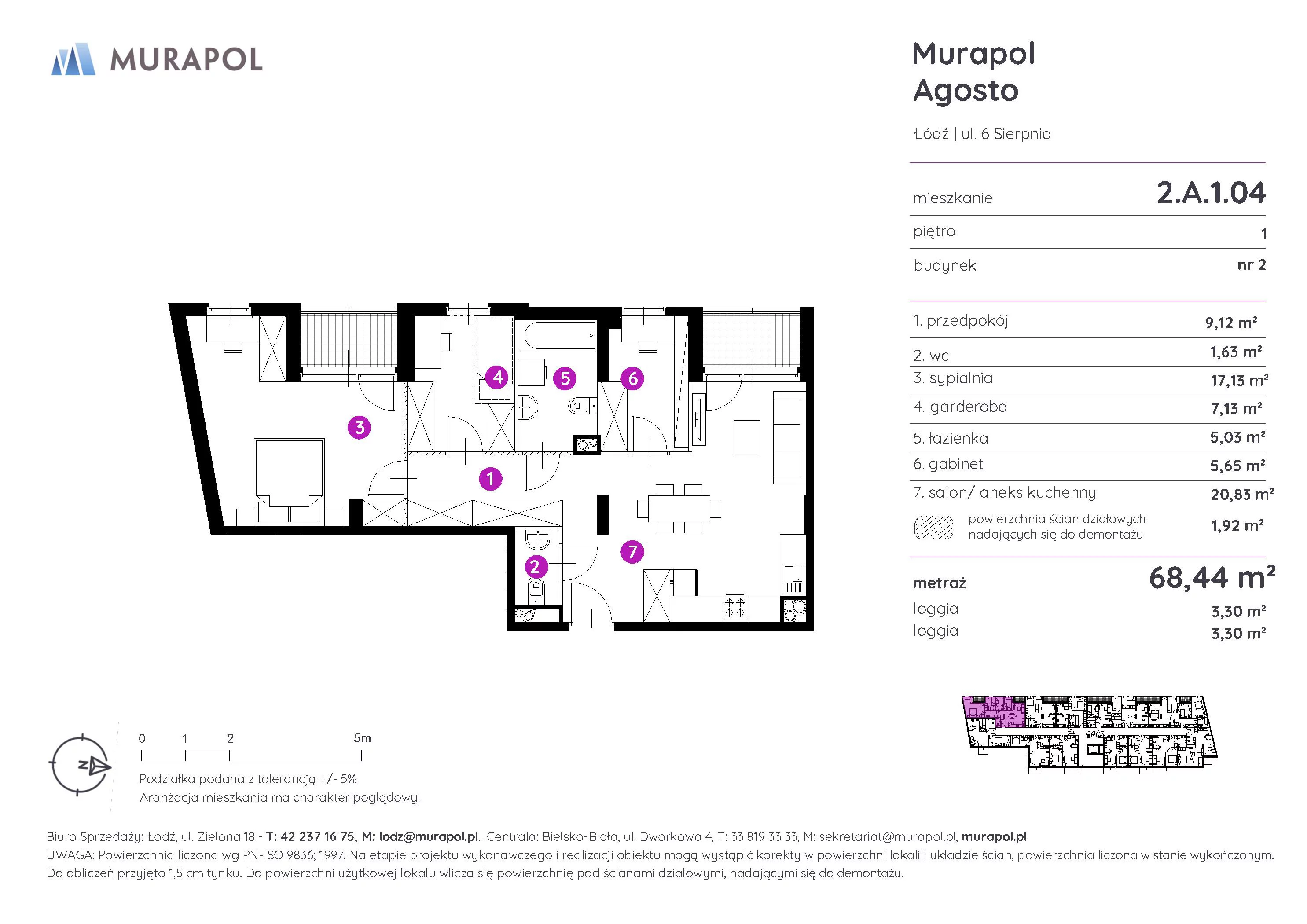 2 pokoje, mieszkanie 68,44 m², piętro 1, oferta nr 2.A.1.04, Murapol Agosto, Łódź, Polesie, Stare Polesie, ul. 6 Sierpnia