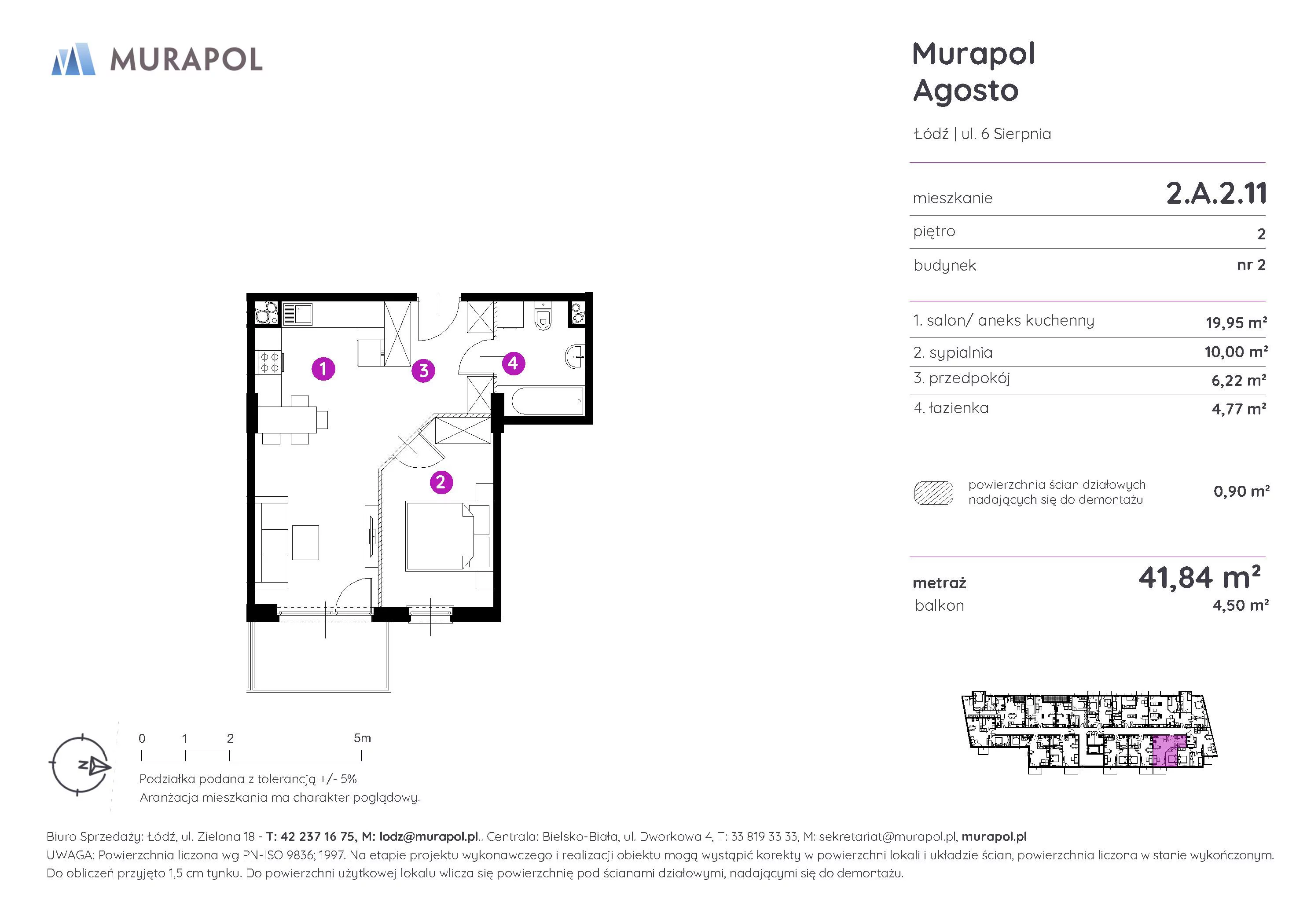 2 pokoje, mieszkanie 41,84 m², piętro 2, oferta nr 2.A.2.11, Murapol Agosto, Łódź, Polesie, Stare Polesie, ul. 6 Sierpnia