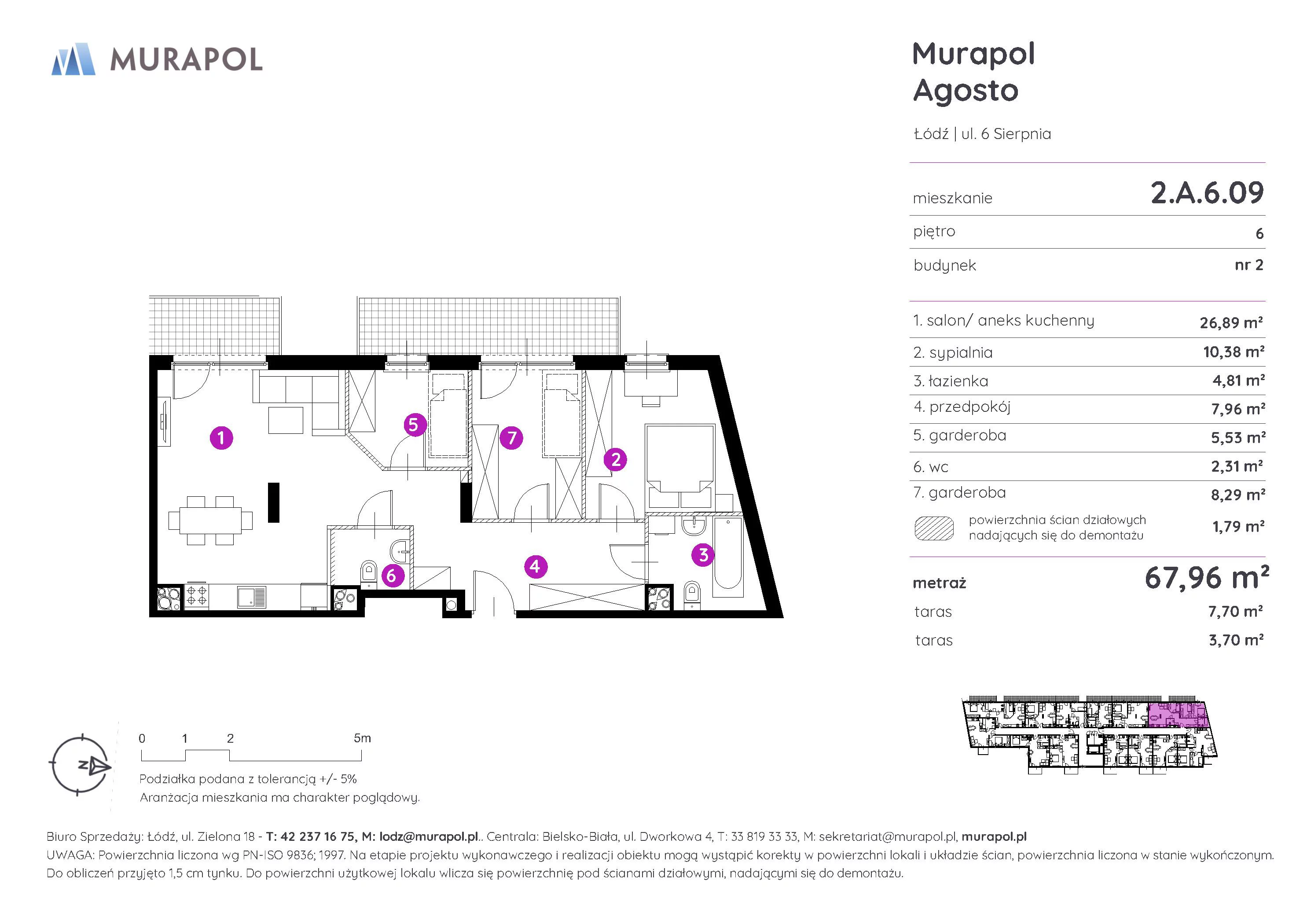 2 pokoje, mieszkanie 67,96 m², piętro 6, oferta nr 2.A.6.09, Murapol Agosto, Łódź, Polesie, Stare Polesie, ul. 6 Sierpnia
