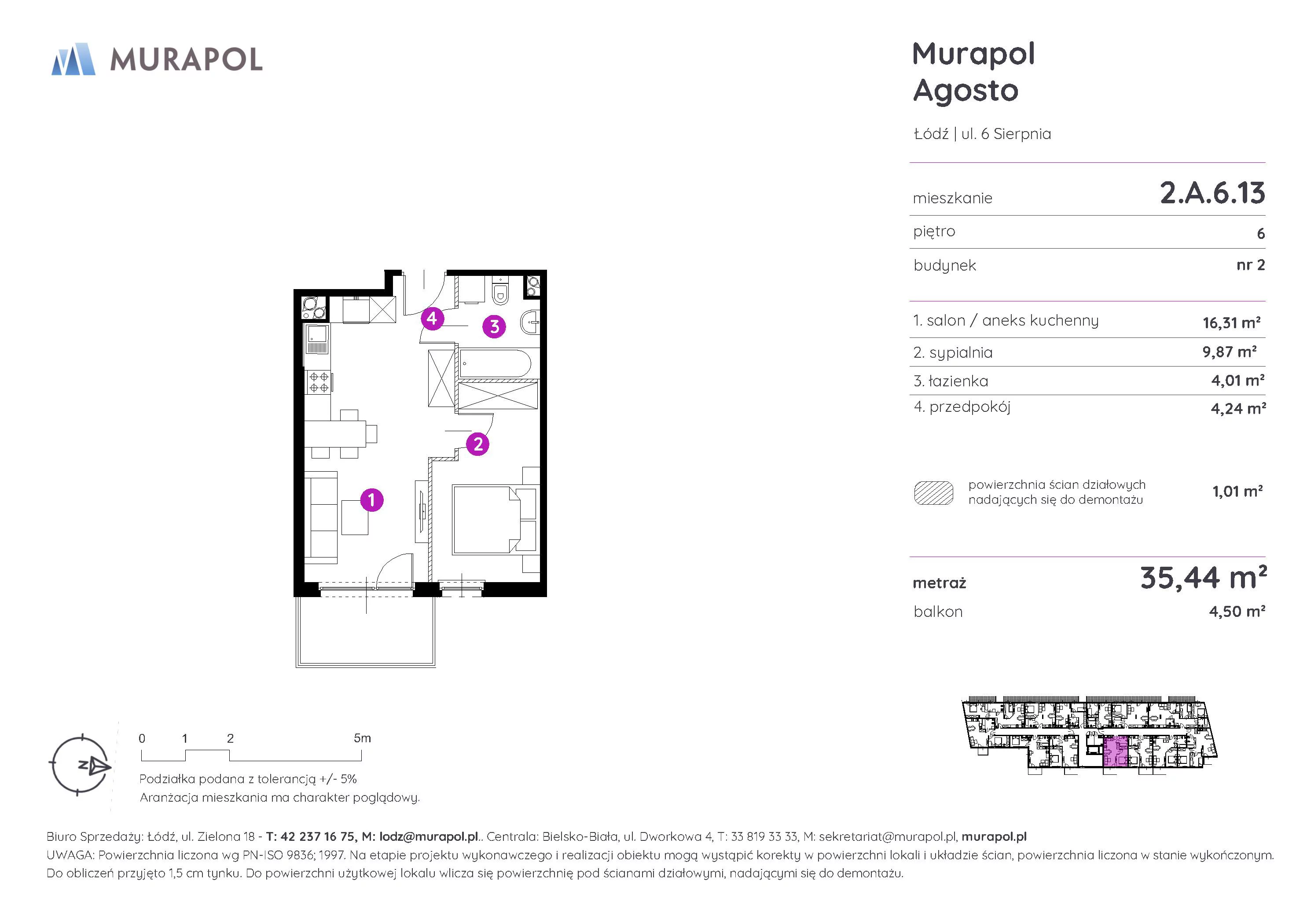 2 pokoje, mieszkanie 35,44 m², piętro 6, oferta nr 2.A.6.13, Murapol Agosto, Łódź, Polesie, Stare Polesie, ul. 6 Sierpnia