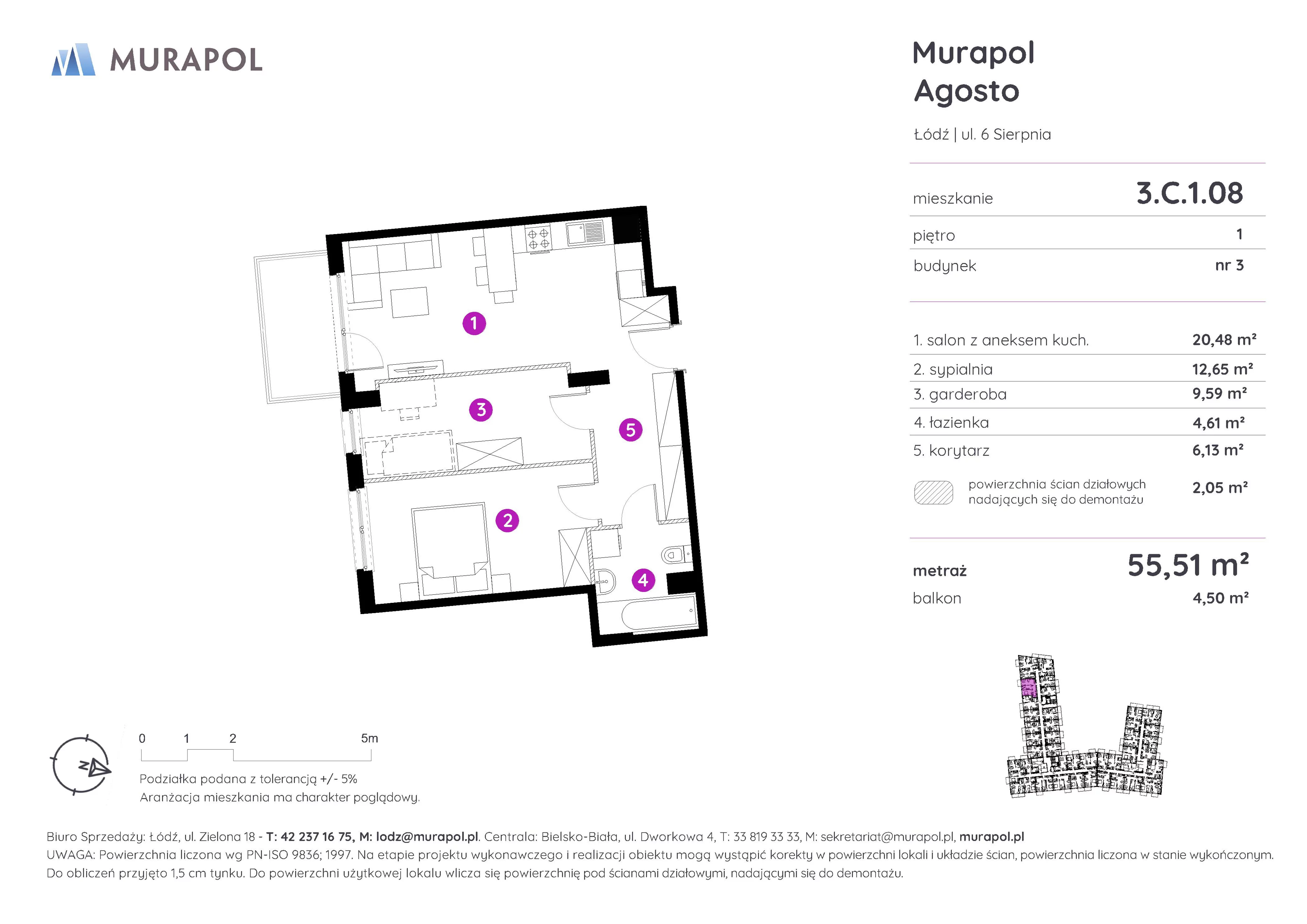 2 pokoje, mieszkanie 55,51 m², piętro 1, oferta nr 3.C.1.08, Murapol Agosto, Łódź, Polesie, Stare Polesie, ul. 6 Sierpnia