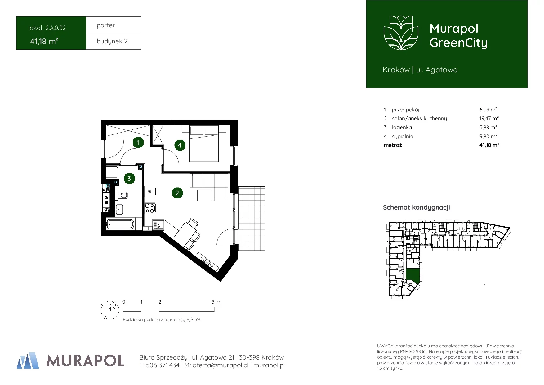 2 pokoje, mieszkanie 41,18 m², parter, oferta nr 2.A.0.02, Murapol GreenCity, Kraków, Bieżanów-Prokocim, Osiedle Złocień, ul. Agatowa