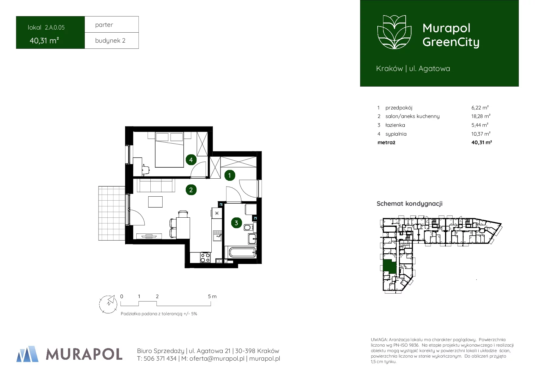 2 pokoje, mieszkanie 40,31 m², parter, oferta nr 2.A.0.05, Murapol GreenCity, Kraków, Bieżanów-Prokocim, Osiedle Złocień, ul. Agatowa