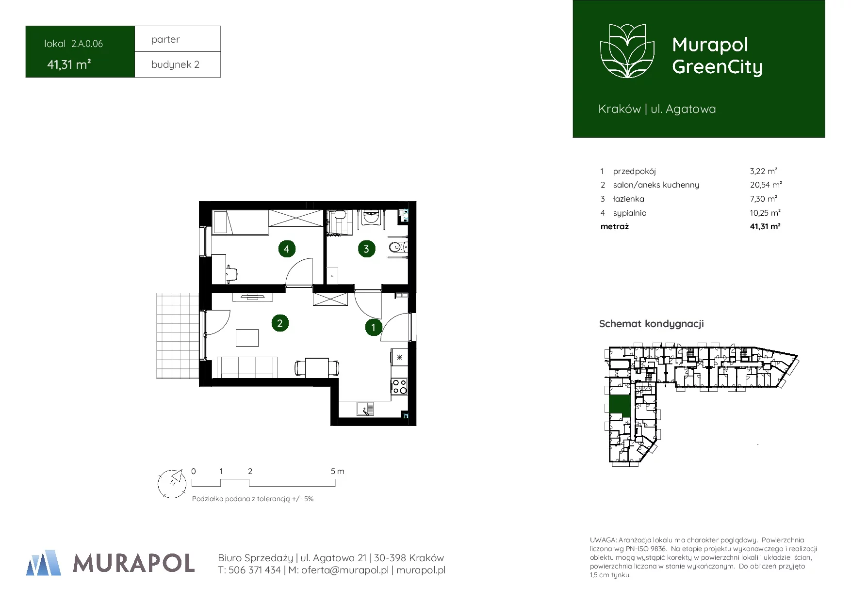 2 pokoje, mieszkanie 41,31 m², parter, oferta nr 2.A.0.06, Murapol GreenCity, Kraków, Bieżanów-Prokocim, Osiedle Złocień, ul. Agatowa