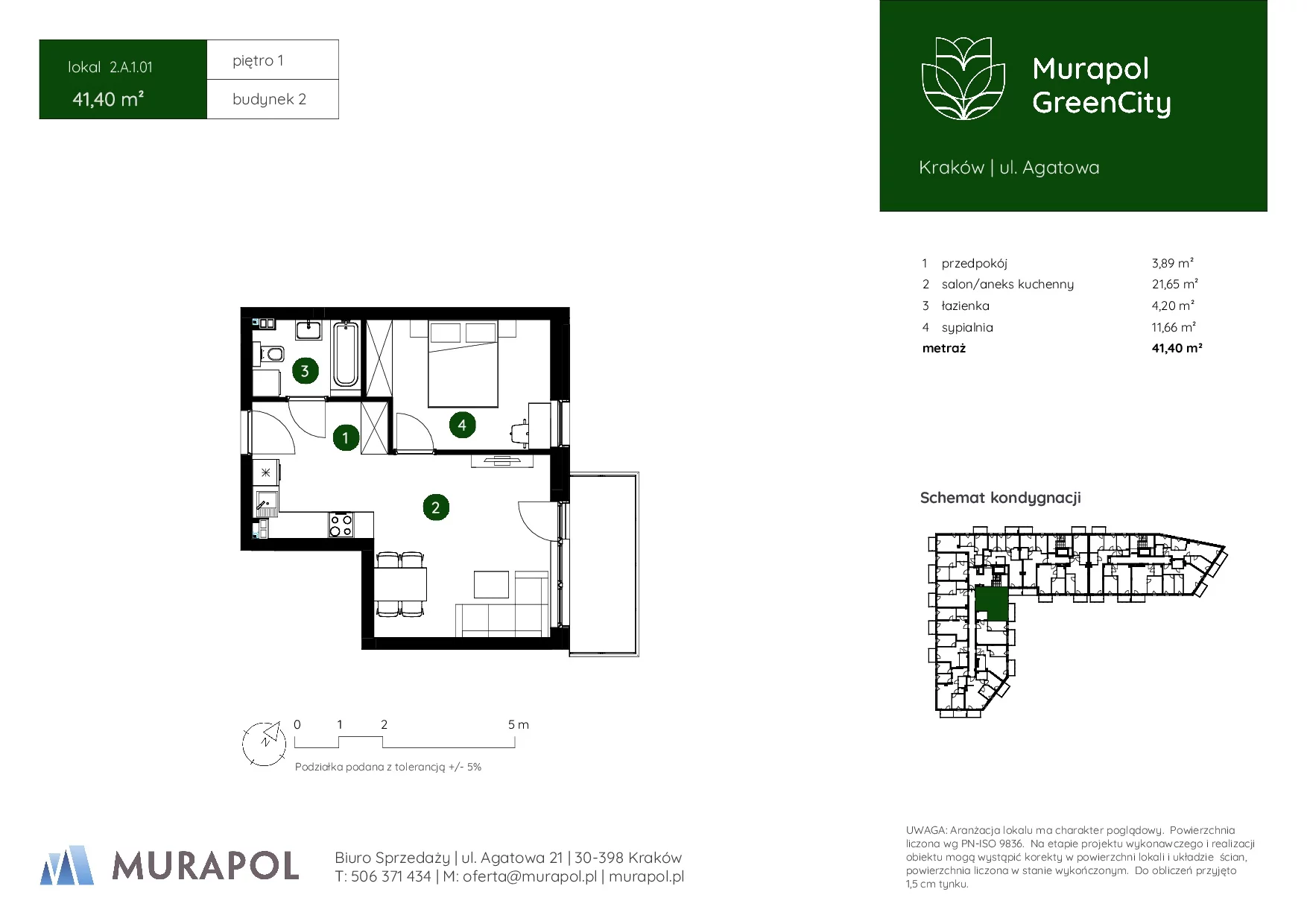 2 pokoje, mieszkanie 41,40 m², piętro 1, oferta nr 2.A.1.01, Murapol GreenCity, Kraków, Bieżanów-Prokocim, Osiedle Złocień, ul. Agatowa