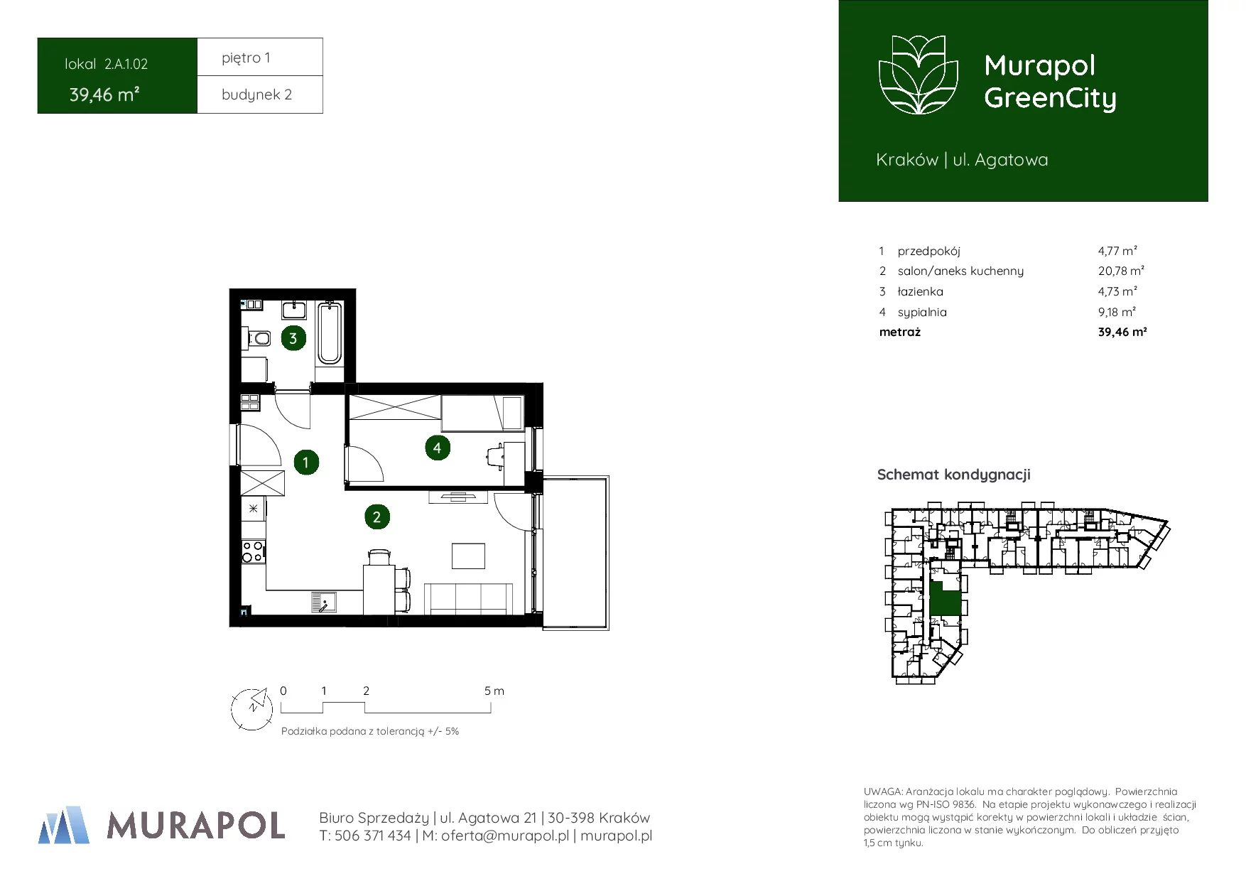 2 pokoje, mieszkanie 39,46 m², piętro 1, oferta nr 2.A.1.02, Murapol GreenCity, Kraków, Bieżanów-Prokocim, Osiedle Złocień, ul. Agatowa