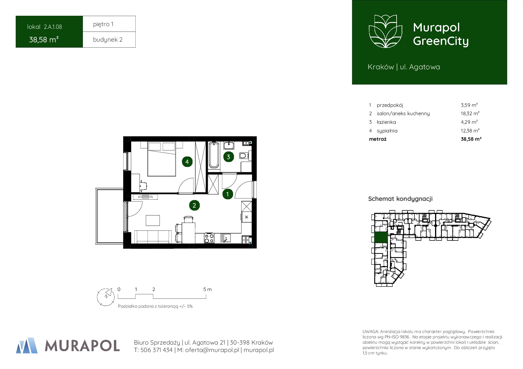 2 pokoje, mieszkanie 38,58 m², piętro 1, oferta nr 2.A.1.08, Murapol GreenCity, Kraków, Bieżanów-Prokocim, Osiedle Złocień, ul. Agatowa