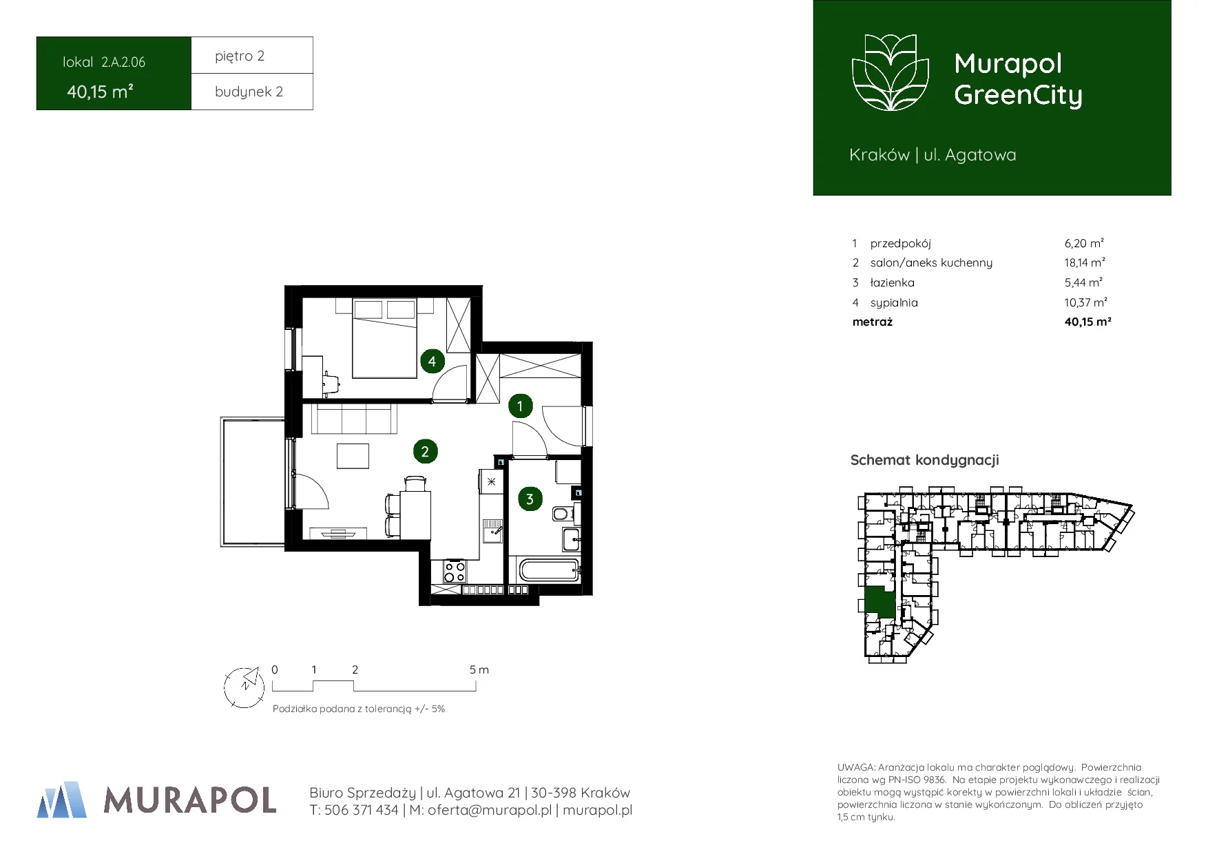 2 pokoje, mieszkanie 40,15 m², piętro 2, oferta nr 2.A.2.06, Murapol GreenCity, Kraków, Bieżanów-Prokocim, Osiedle Złocień, ul. Agatowa