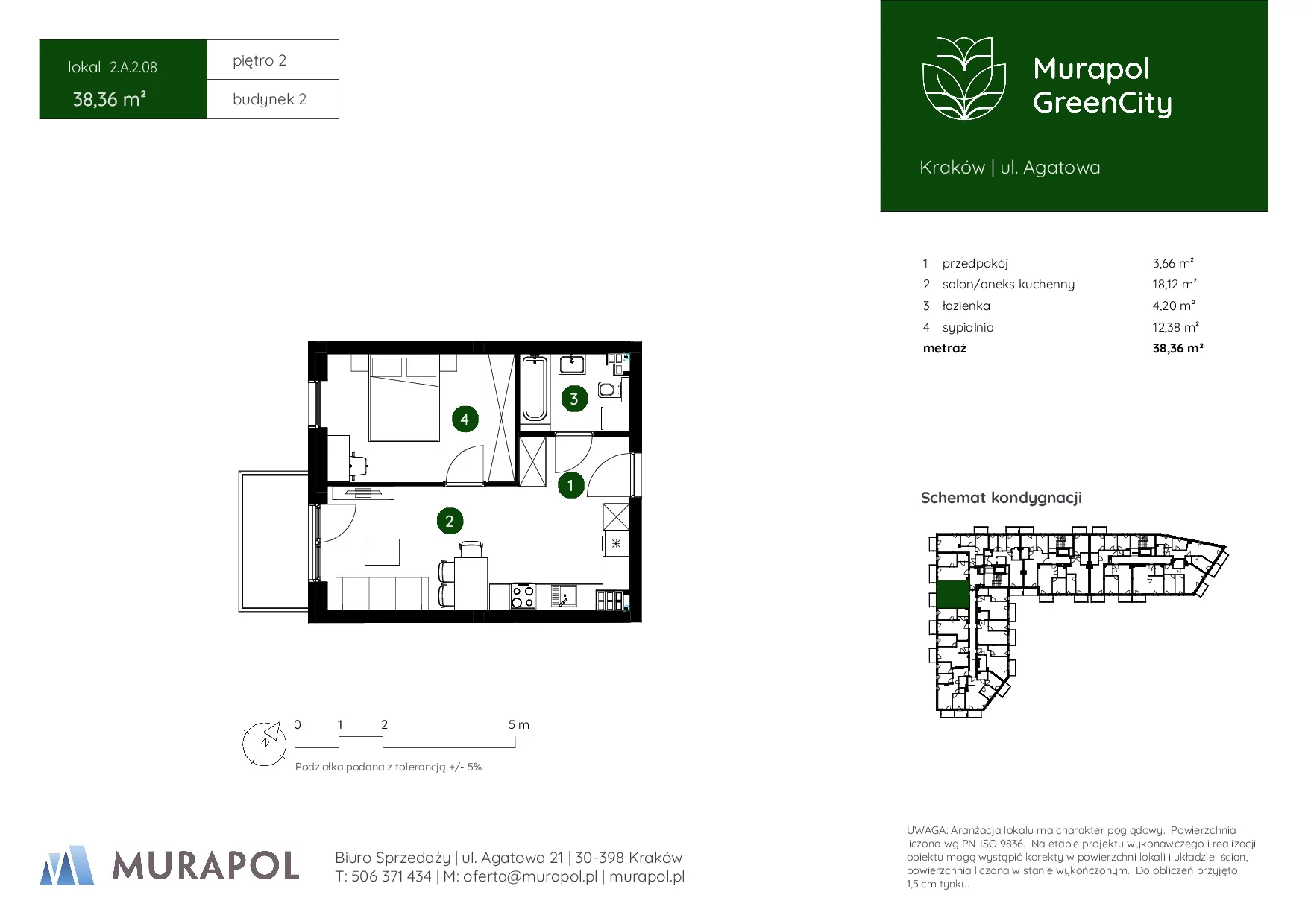 2 pokoje, mieszkanie 38,36 m², piętro 2, oferta nr 2.A.2.08, Murapol GreenCity, Kraków, Bieżanów-Prokocim, Osiedle Złocień, ul. Agatowa
