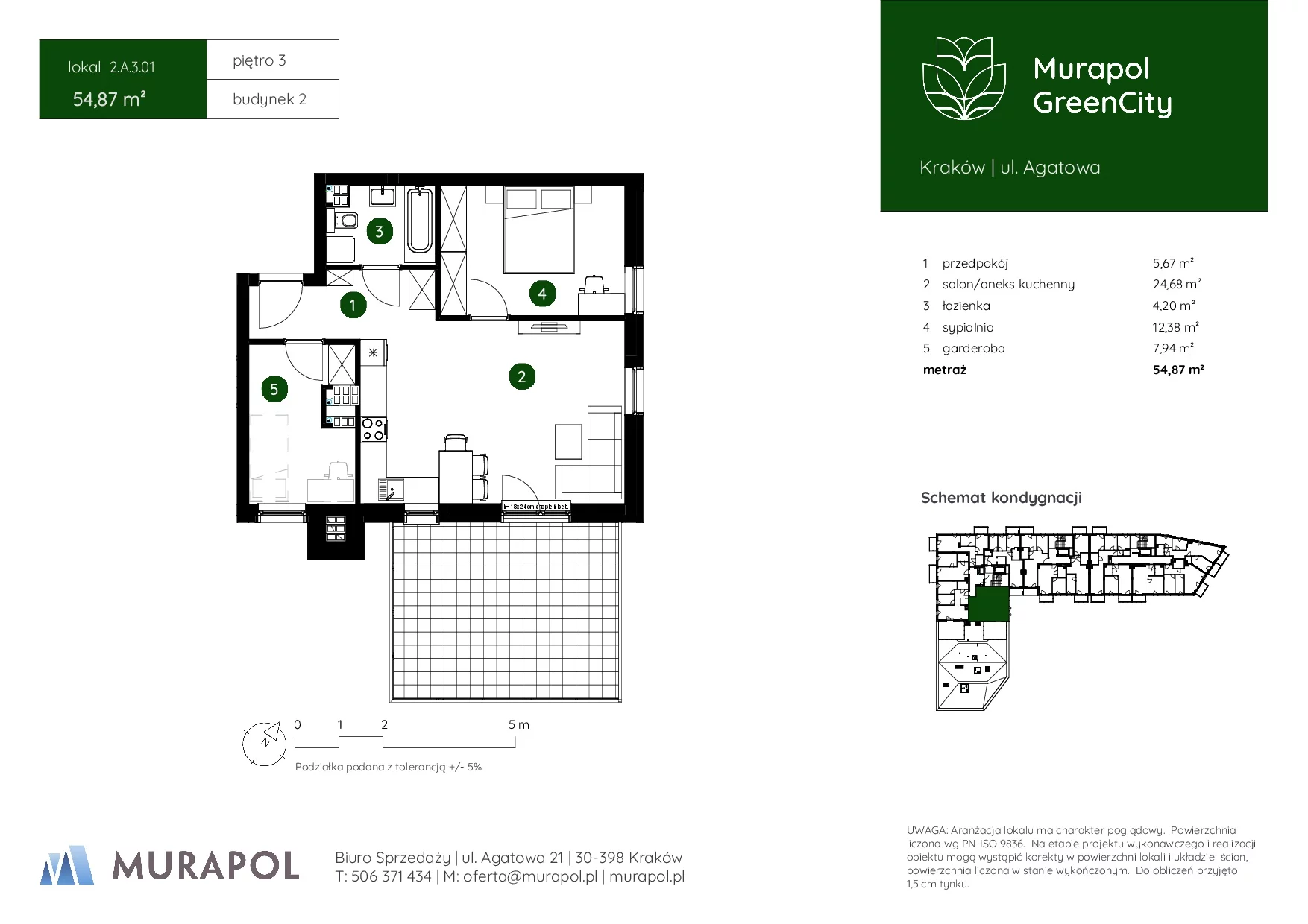 2 pokoje, mieszkanie 54,87 m², piętro 3, oferta nr 2.A.3.01, Murapol GreenCity, Kraków, Bieżanów-Prokocim, Osiedle Złocień, ul. Agatowa