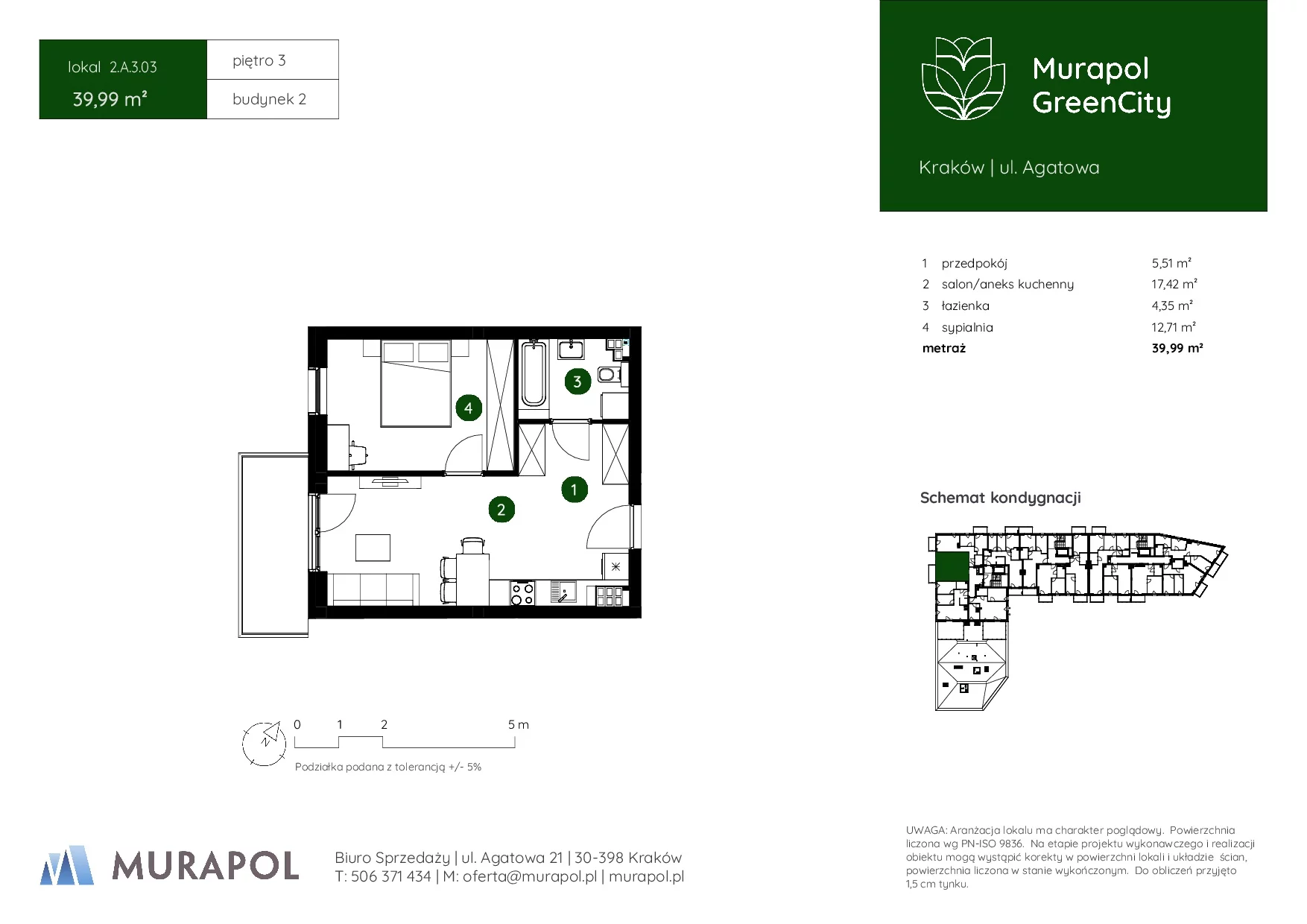 2 pokoje, mieszkanie 39,99 m², piętro 3, oferta nr 2.A.3.03, Murapol GreenCity, Kraków, Bieżanów-Prokocim, Osiedle Złocień, ul. Agatowa
