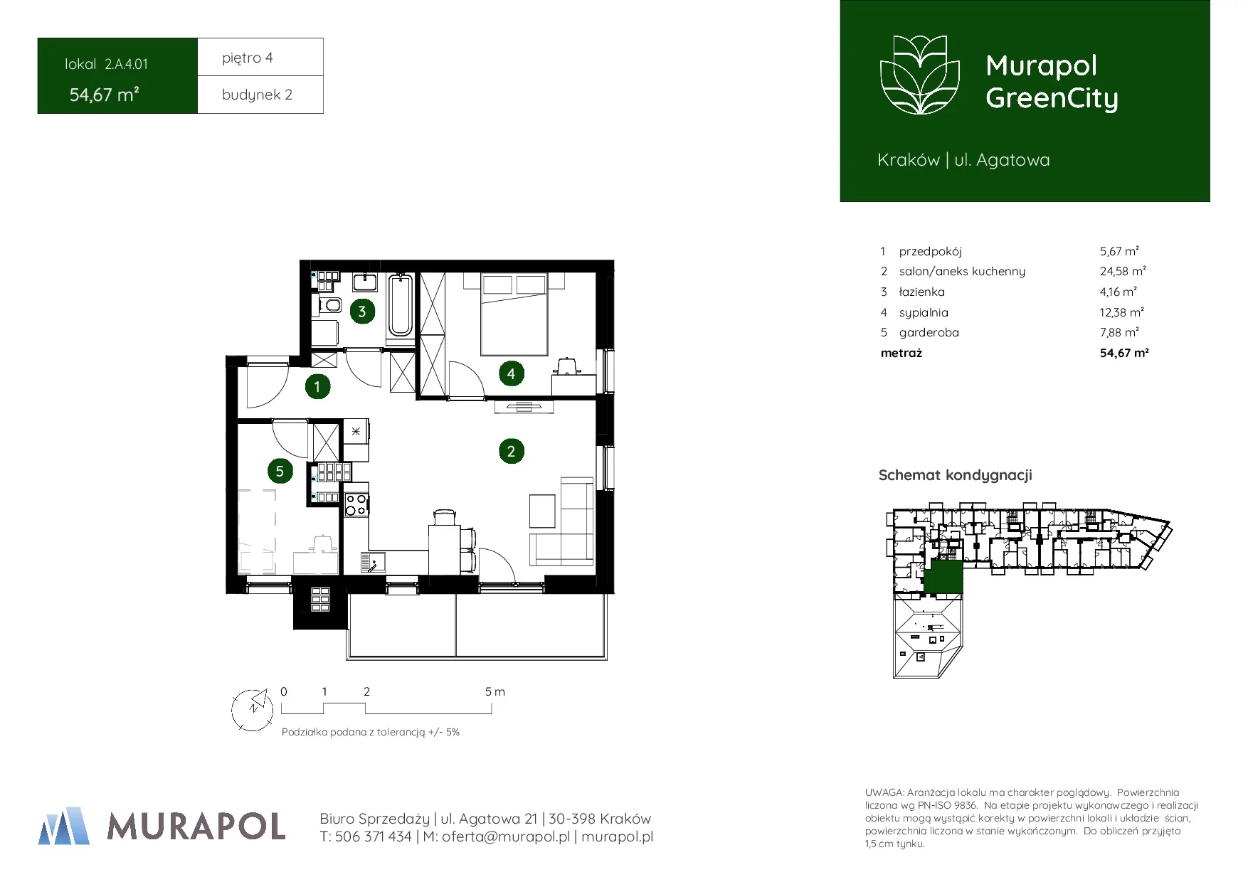 2 pokoje, mieszkanie 54,67 m², piętro 4, oferta nr 2.A.4.01, Murapol GreenCity, Kraków, Bieżanów-Prokocim, Osiedle Złocień, ul. Agatowa