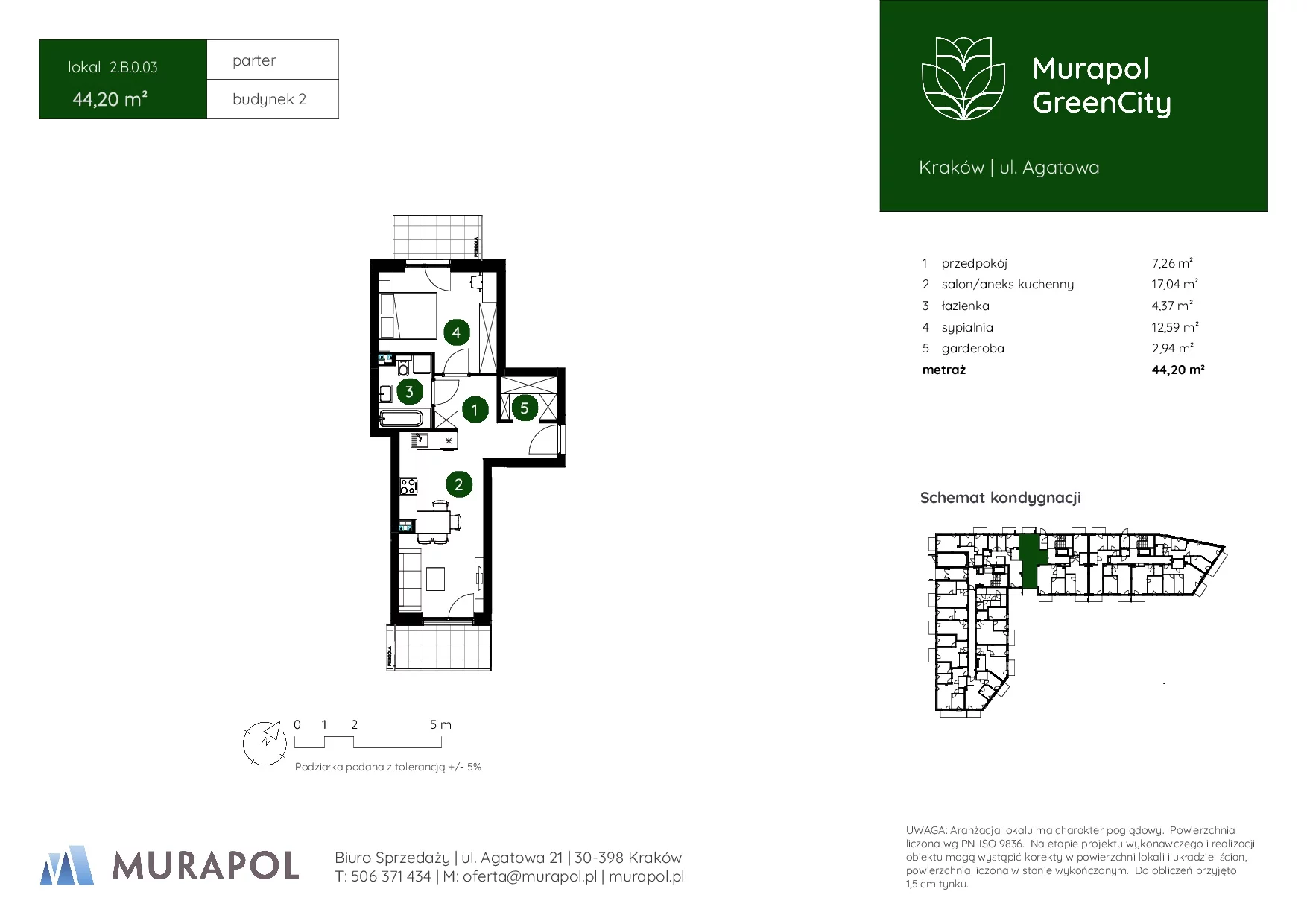 2 pokoje, mieszkanie 44,20 m², parter, oferta nr 2.B.0.03, Murapol GreenCity, Kraków, Bieżanów-Prokocim, Osiedle Złocień, ul. Agatowa