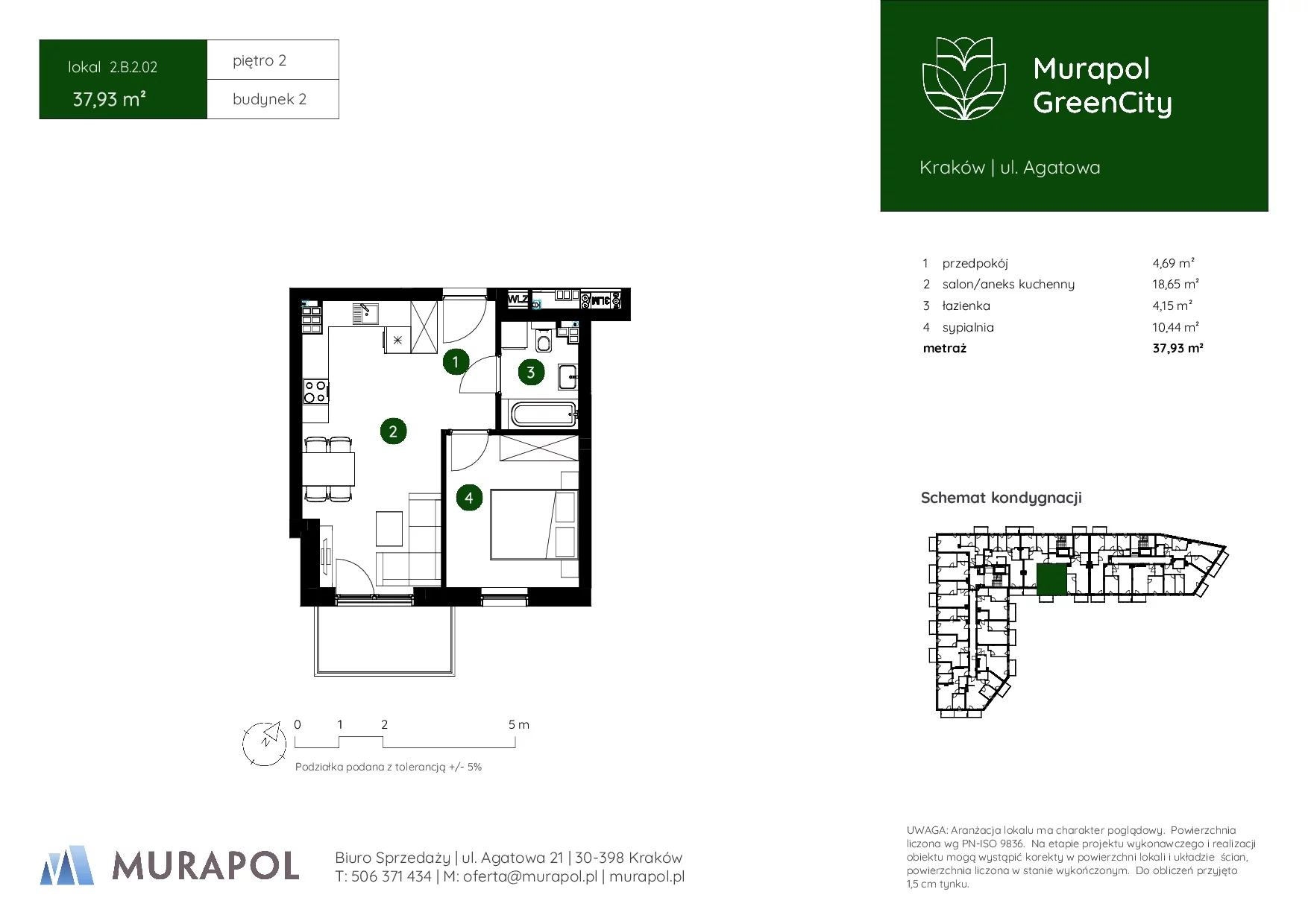 2 pokoje, mieszkanie 37,93 m², piętro 2, oferta nr 2.B.2.02, Murapol GreenCity, Kraków, Bieżanów-Prokocim, Osiedle Złocień, ul. Agatowa